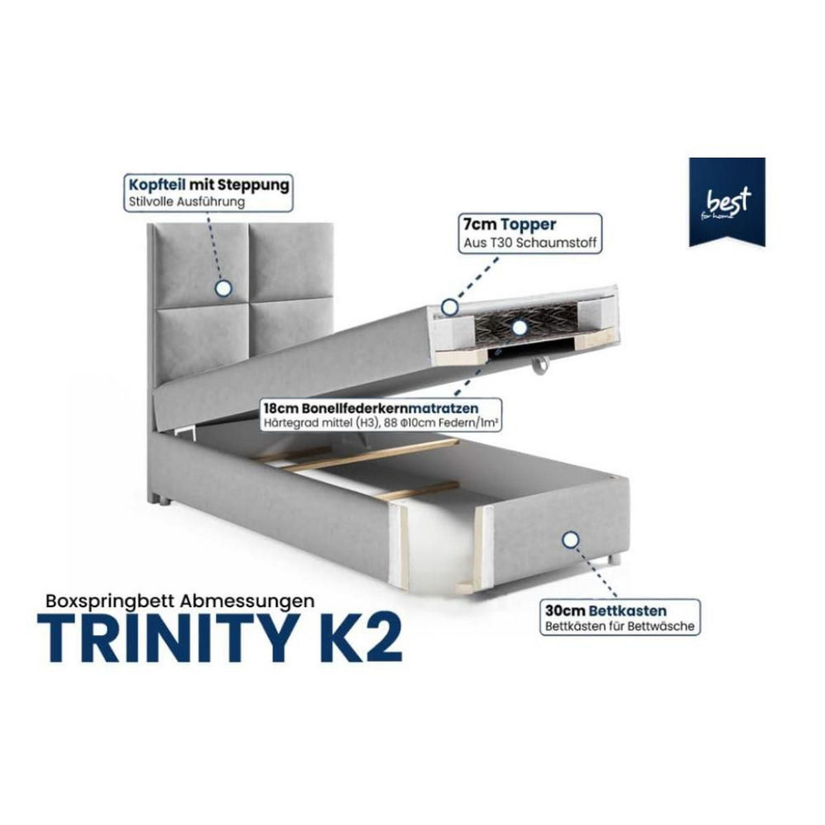 BOXBETT mit Bettkasten Trinity K-2 SINGLE Bonellfederkern inkl. Topper - Silberfarben, Holz/Holzwerkstoff (90/200cm) - Best For Home