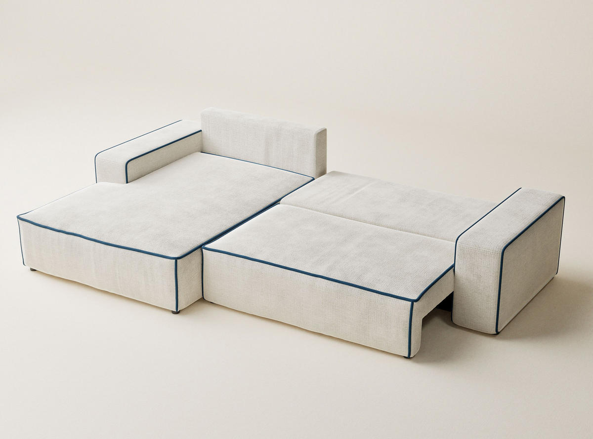 ECKSOFA MIT SCHLAFFUNKTION Modo Ecru-Dunkelblau Chenille-Stoff - Links Seite - Ecru/Schwarz, Holz/Holzwerkstoff (185/294cm) - Maison de Reve