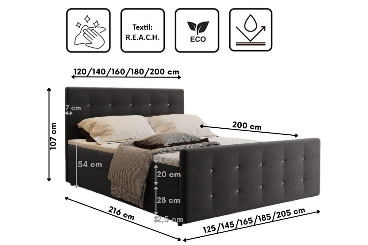 BOXBETT Mit Bettkasten Matratze Topper AMOR Anthrazit 180x200 cm H3-Bonell - Anthrazit, Holz/Textil (180/200cm) - Kaiser Möbel