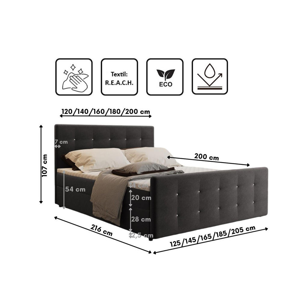 Thumbnail - Kaiser Möbel Boxbett, Anthrazit, Textil, H3, Höhe ca. 20 cm, 140x200 cm, Oeko-Tex® Standard 100, Schlafzimmer, Betten, B...