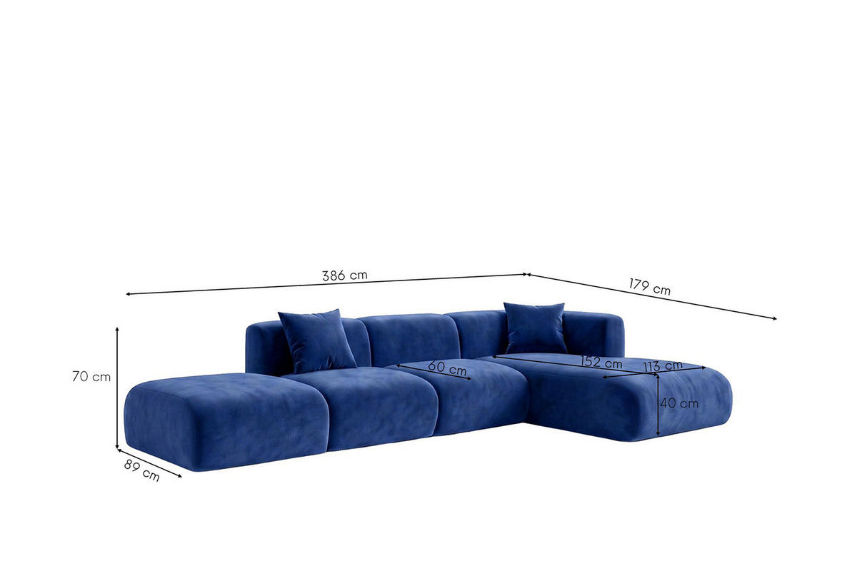 ECKSOFA L-Form Mit Hocker, Velvet-Stoff Bluvel, Tintenblau, Rechts, GRETA - Blau, Holz (386/179cm) - Kaiser Möbel