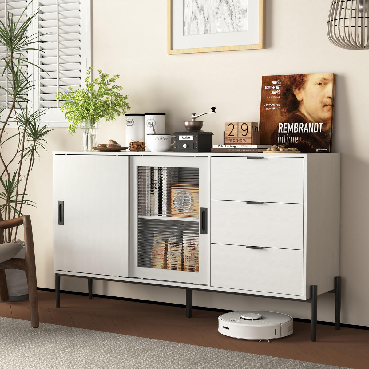 SIDEBOARD 2 Türen x 3 Schubladen, Weiß mit geripptem Glas, Konsolenschrank, eleganter Aufbewahrungs- und Ablagetisch, 155/40/91,5 cm, Weiß - Weiß, Holzwerkstoff (155/91.5/40cm) - Redom