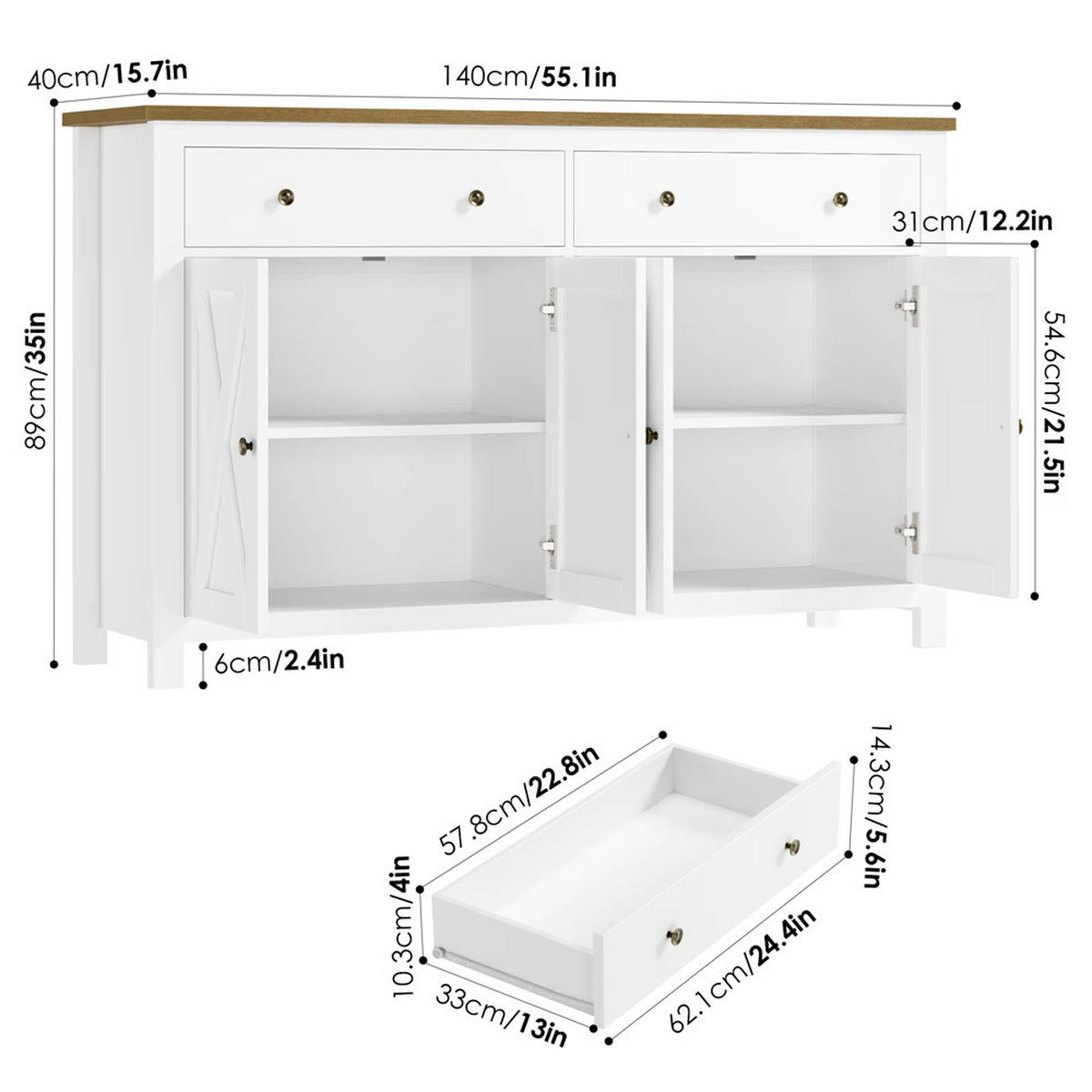 SIDEBOARD 140x89x40 cm Küchenschrank 2 Schubladen Weiß - Weiß, Holz (140/89/40cm) - Kaket