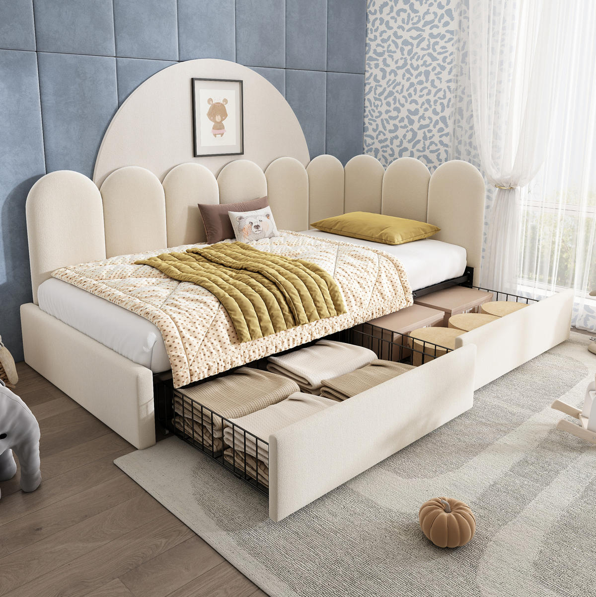 ČALÚNENÁ posteľ 90/190 cm béžová s 2 zásuvkami a rohovým prevedením zo zamatu - béžová, textil (90/190cm) - OKWISH