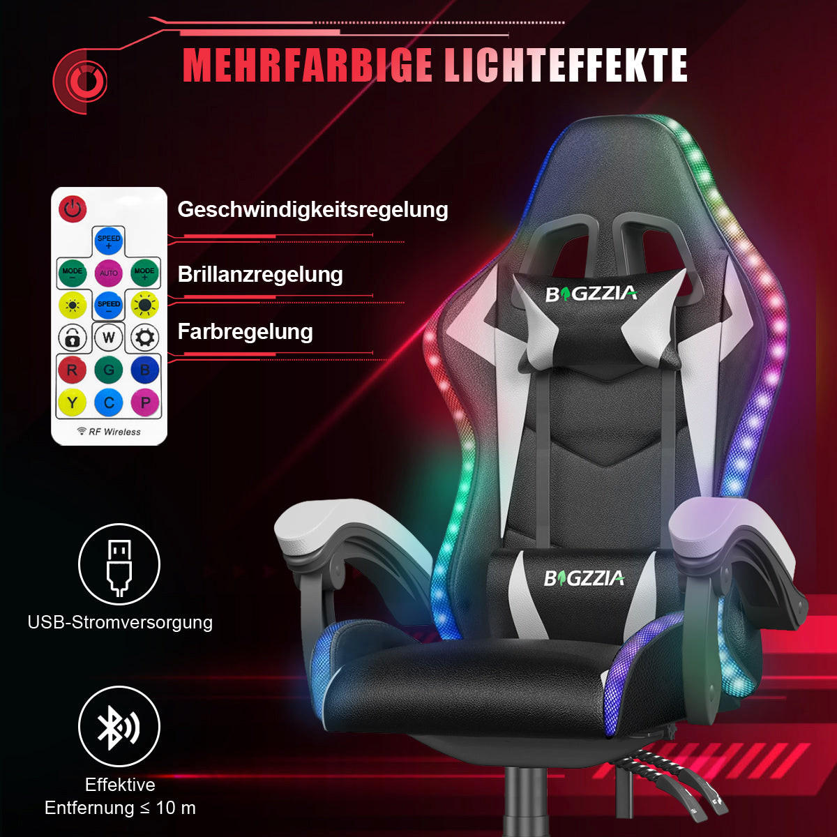 GAMING-STUHL LED, höhenverstellbar, Lenden- & Kopfstütze – Schwarz/Weiß - Weiß, Leder (53.5/117/54cm) - Rattantree