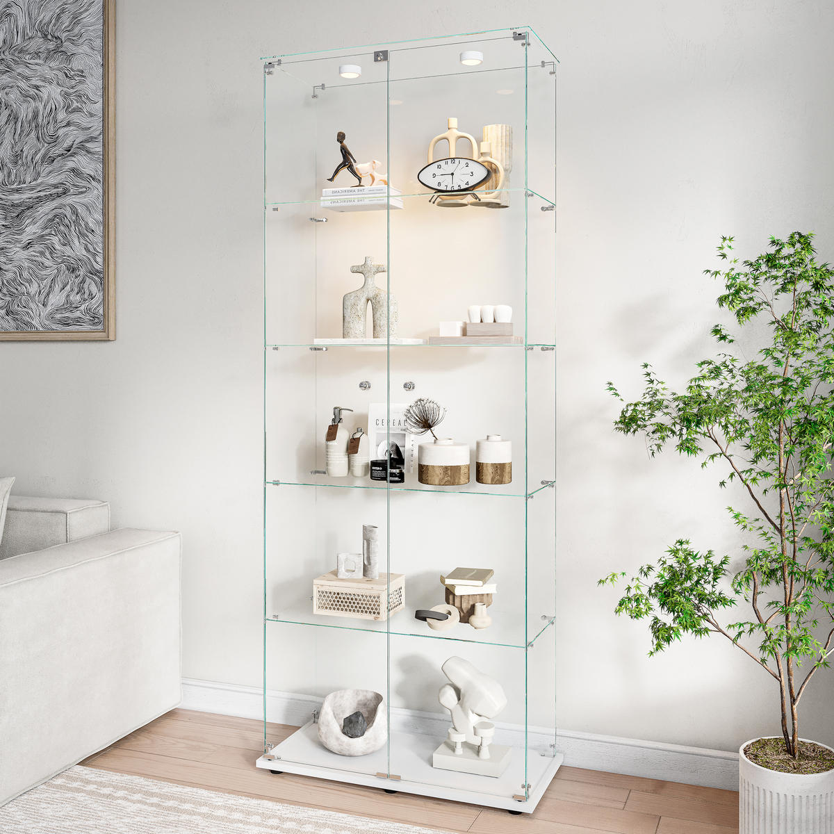 GLASVITRINE 187x77x35 cm 2 Türen LED Touch freistehend weiß - Weiß, Holz (78.5/186.5/34.5cm) - LEBENLANG