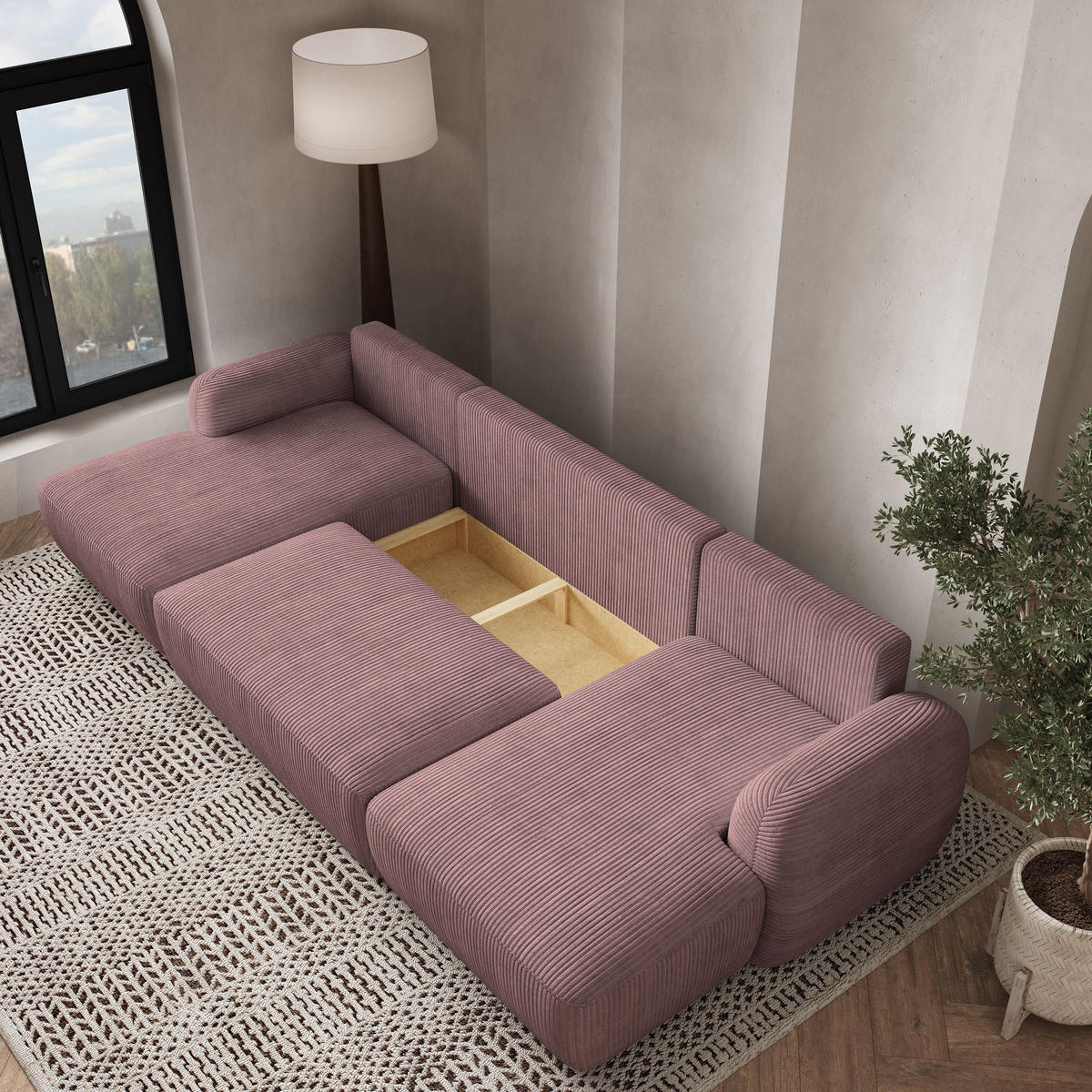 WOHNLANDSCHAFT SAVONA P Lila Kordstoff mit Schlaffunktion - Lila, Holz (320/90/148cm) - MASSENO