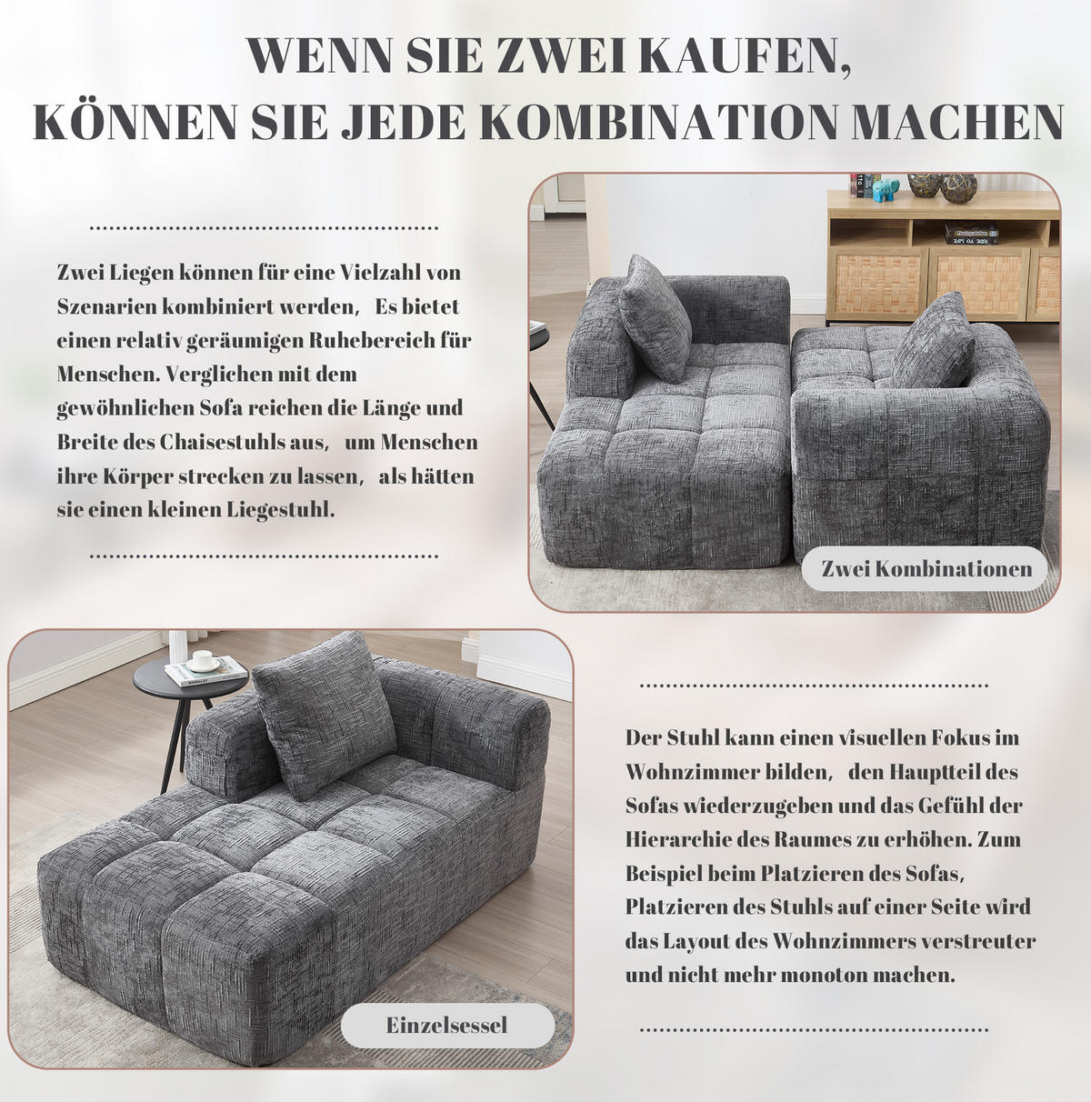 CHAISELONGUE Sofa Chenille mit Seitentaschen und Kissen 158/90/60 cm Grau - Grau, Textil (60/158/90cm) - Redom