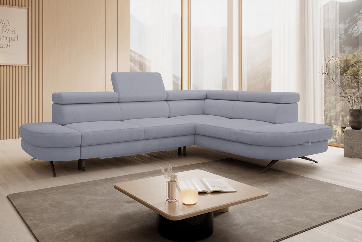 ECKSOFA OTIS L-förm, Schlaffunktion, verstellbare Kopfstützen, in AURORA-Stoff, lose Rückenkissen, freistehend, RECHTS 276x218x97 cm Light Grey - Hellgrau, Holz/Textil (276/218cm) - DomoHome