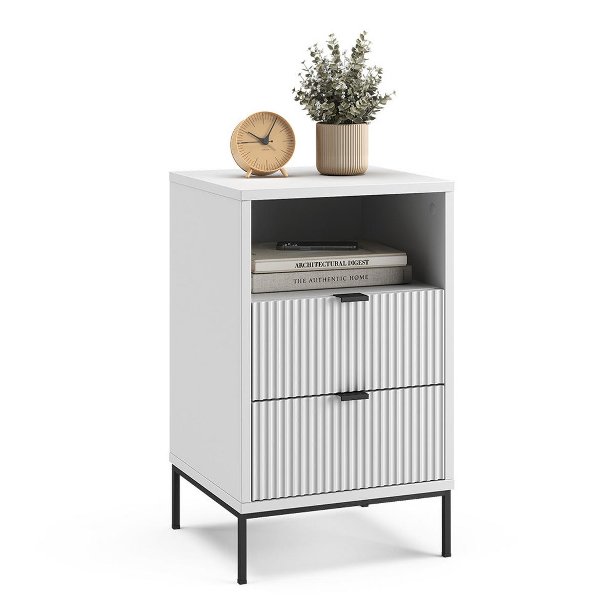 NACHTTISCH Eliza, Weiß/Schwarz, 40 x 66 cm mit 2 Schubladen & 1 Fach - Schwarz/Weiß, Holzwerkstoff (40/66/38.1cm) - Vicco