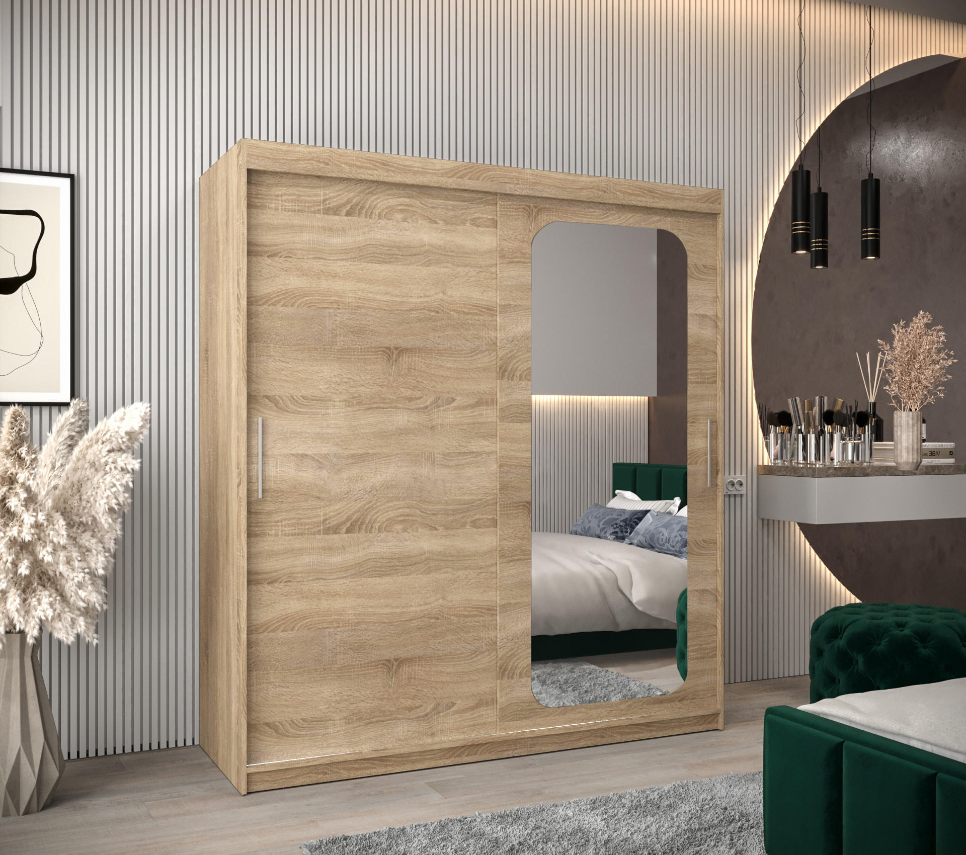 SCHWEBETÜRENSCHRANK 200/180/62 2-türig - Silberfarben/Sonoma Eiche, Holz/Kunststoff (180/200/62cm) - MÖBEL KRYSPOL