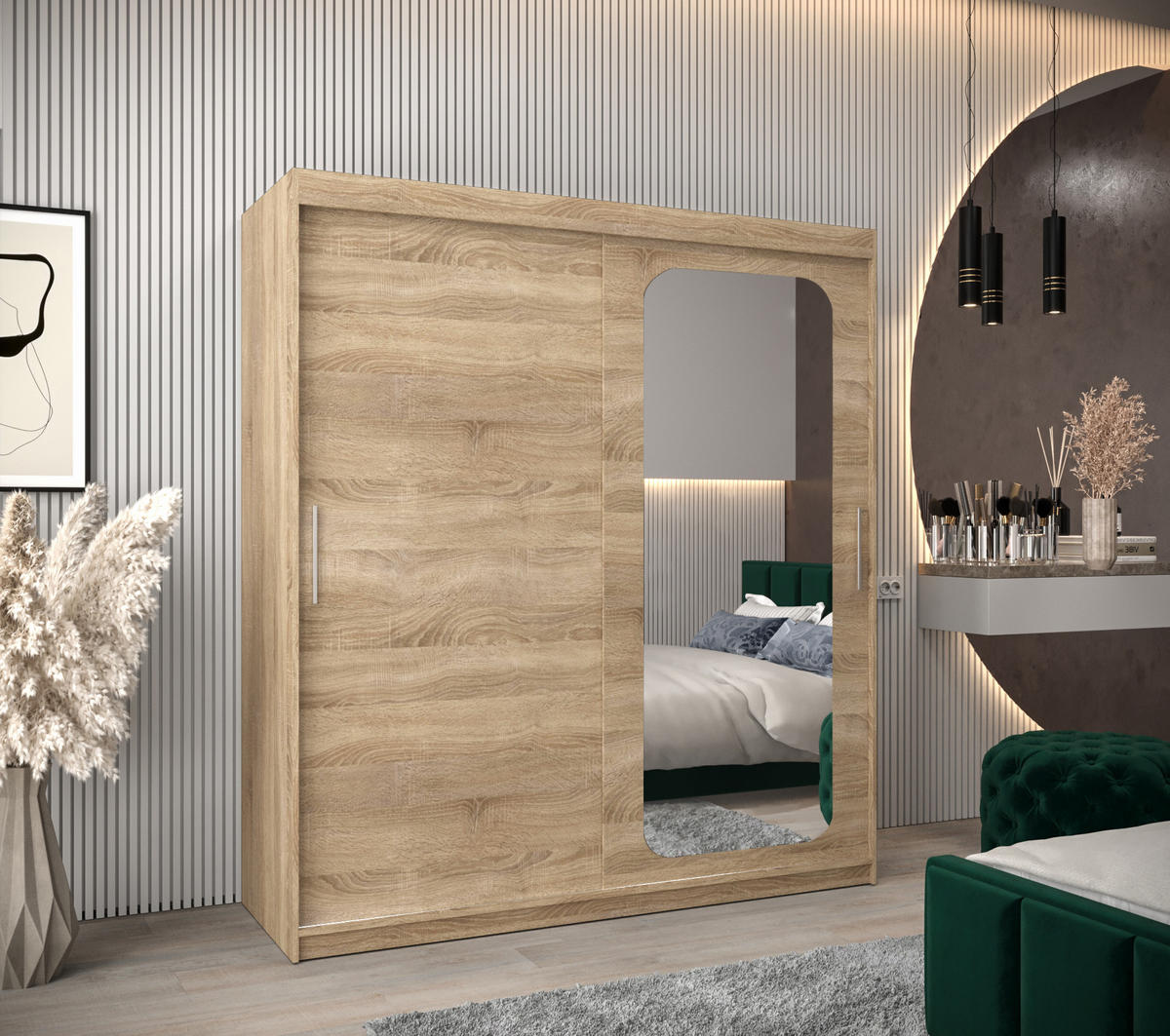 SCHWEBETÜRENSCHRANK 200/180/62 2-türig - Silberfarben/Sonoma Eiche, Holz/Kunststoff (180/200/62cm) - MÖBEL KRYSPOL