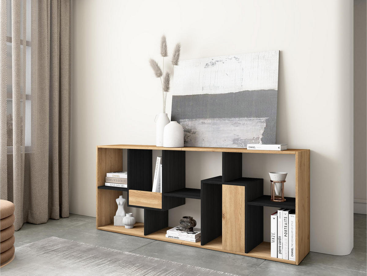 REGAL Bibliothek, Eiche und Schwarz, 67/31/162cm - Eichefarben/Schwarz, Holzwerkstoff (67/162/31cm) - Skraut Home