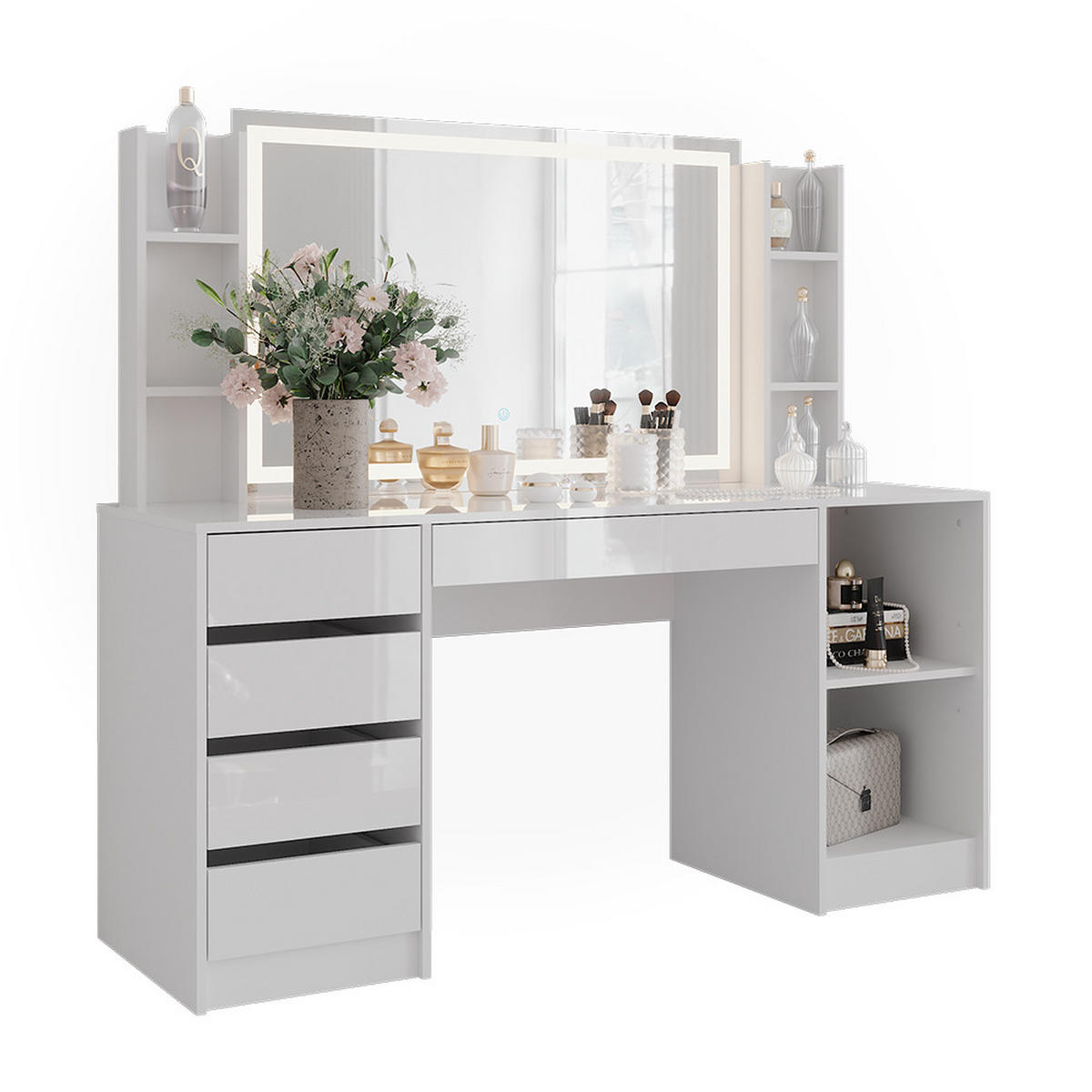 SCHMINKTISCH Sherry Weiß/Weiß Hochglanz 158.2 cm 4 Teile - Weiß Hochglanz, Holzwerkstoff (158.2/76/50.1cm) - Vicco