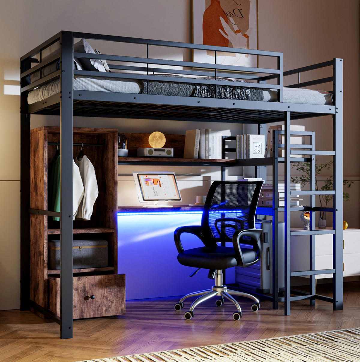 HOCHBETT 90/200 cm schwarz aus Metall/MDF mit Schreibtisch - Schwarz, Holzwerkstoff (90/200cm) - OKWISH
