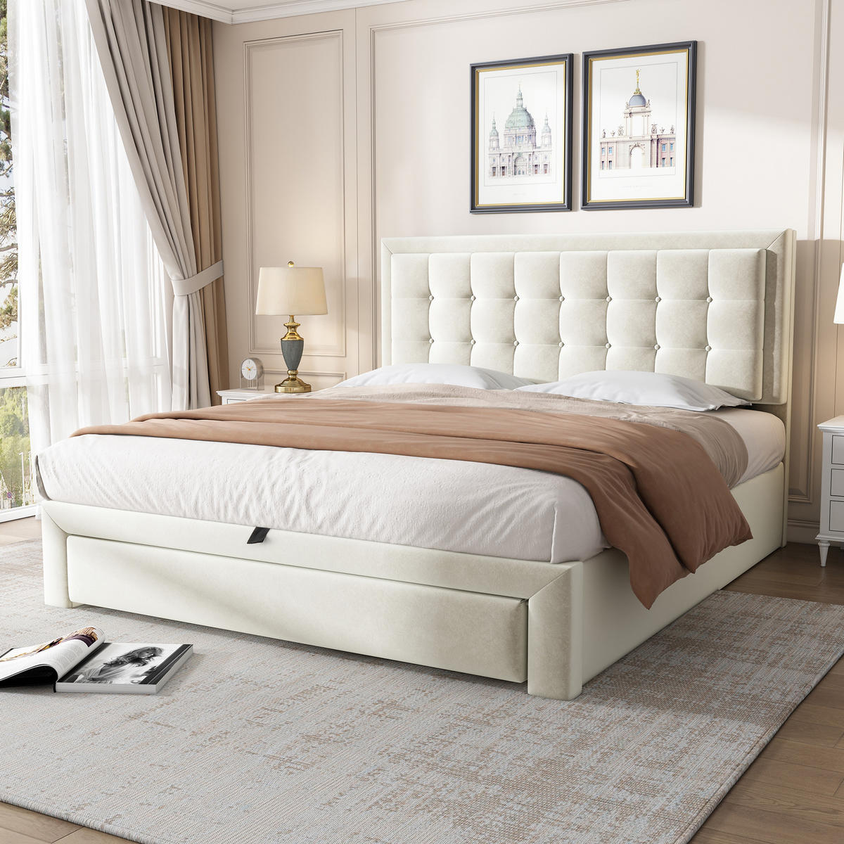 POLSTERBETT 140/190 cm beige aus Samt mit Stauraum und verstellbarem Kopfteil - Beige, Textil (140/190cm) - OKWISH