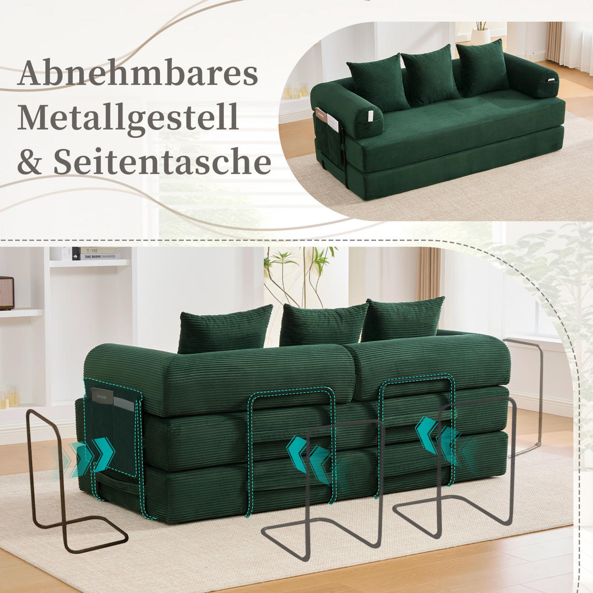 SOFA 200/94/67 cm aus Cord mit Metallgestell und 3 Kissen Emerald - Smaragdgrün, Textil (94/67/200cm) - Modenvie