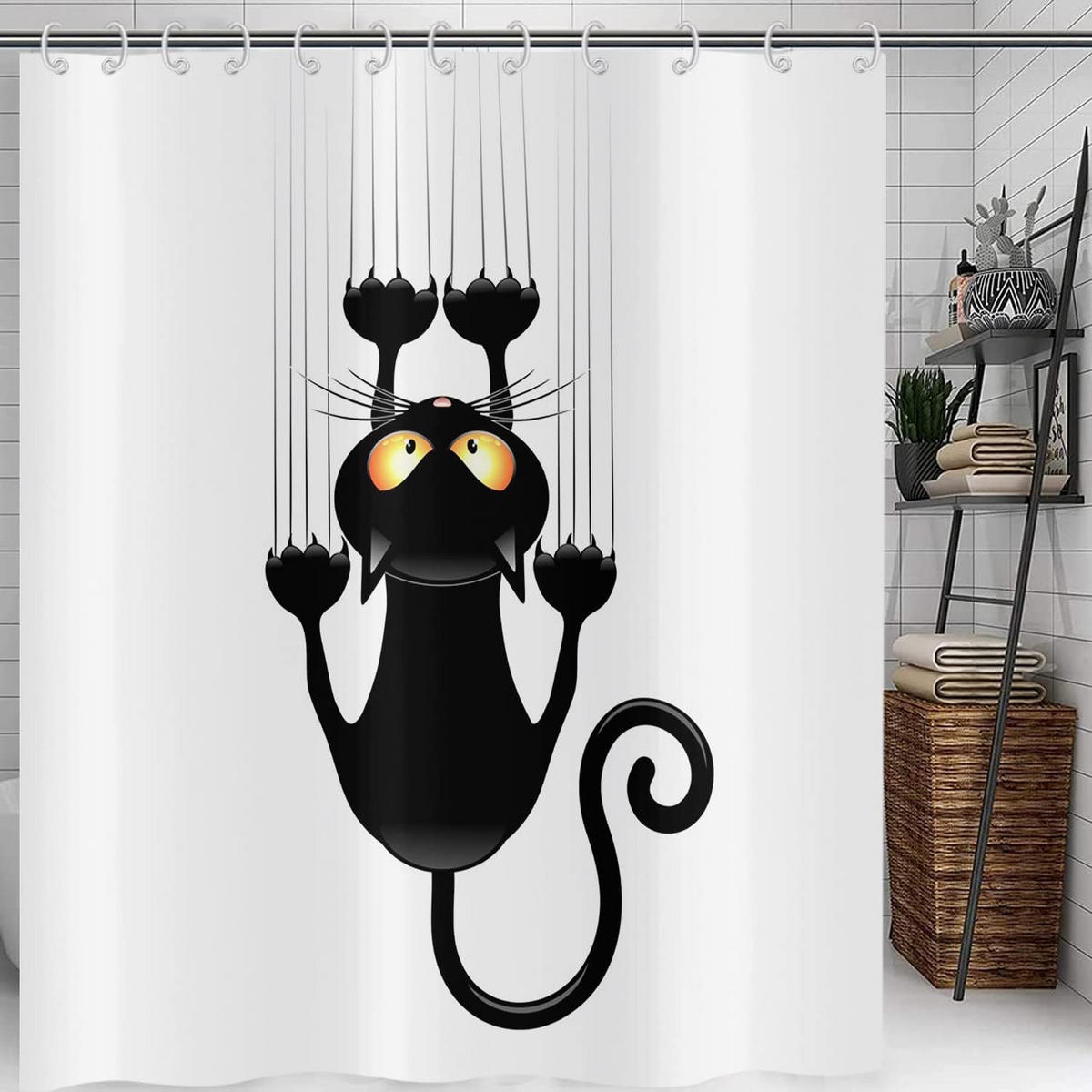 DUSCHVORHANG Katze Schwarz 120 x 180 cm Wand Stoff wasserdicht waschbar - Weiß, Textil (120/180cm) - MCBOSON