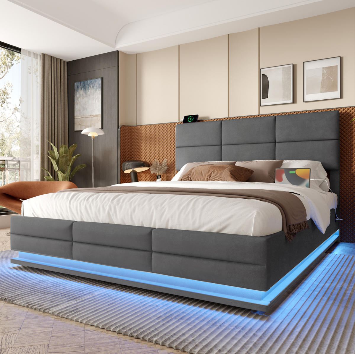 BETT mit Stauraum 180x200 cm Samt Grau mit LED und USB - Dunkelgrau, Metall (180/200cm) - Meubliv