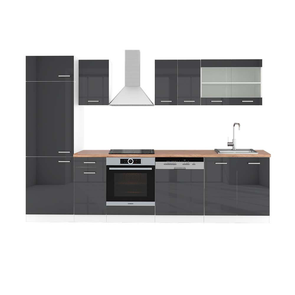 KÜCHENZEILE R-Line Anthrazit Hochglanz/Weiß 300 cm, AP Eiche - Anthrazit/Weiß, Holzwerkstoff (300/81.6/60cm) - Vicco