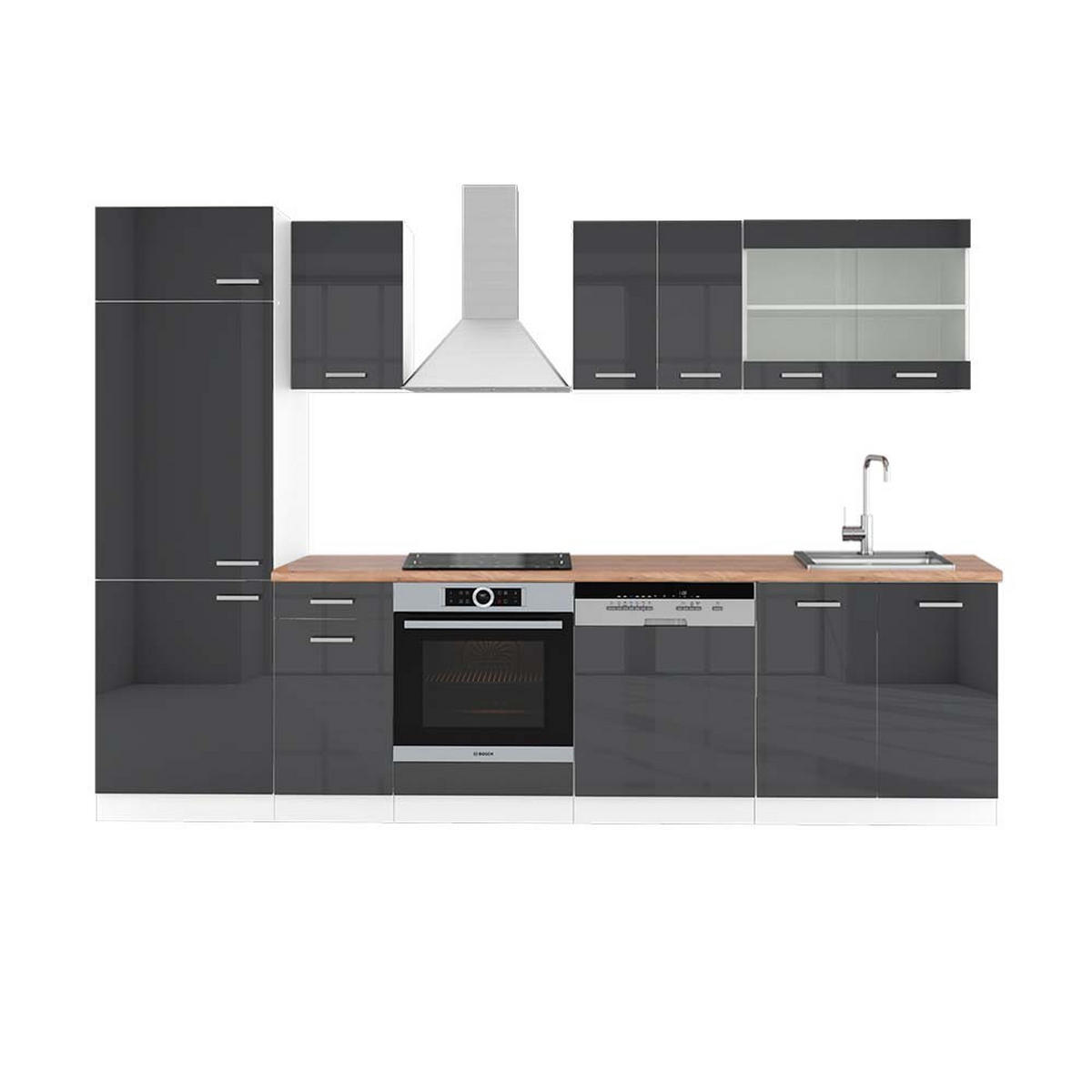 KÜCHENZEILE R-Line Anthrazit Hochglanz/Weiß 300 cm, AP Eiche - Anthrazit/Weiß, Holzwerkstoff (300/81.6/60cm) - Vicco