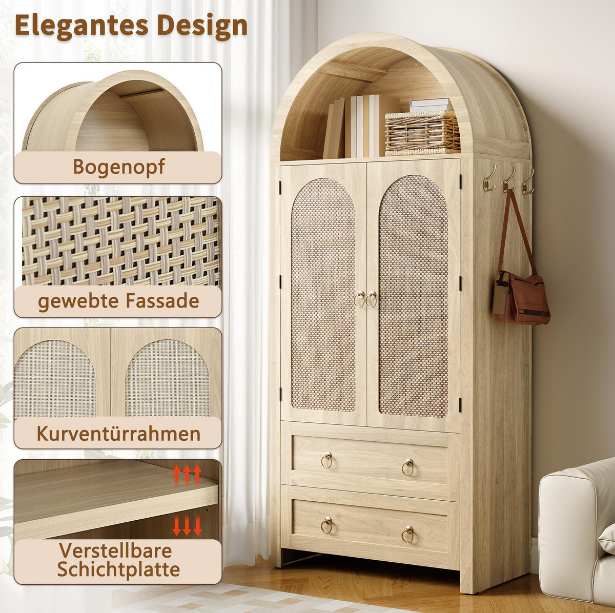 HIGHBOARD 80/180/40 cm Eichenholzfarbe aus MDF mit Rattantüren - Eichefarben, Holzwerkstoff (40/180/80cm) - OKMYHOME