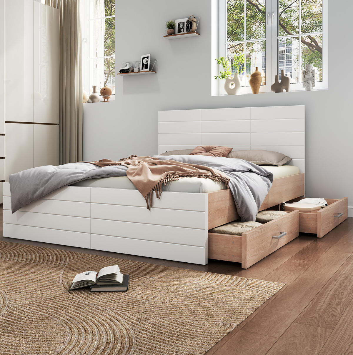 POLSTERBETT aus Massivholz und MDF 140x200 cm in Weiß mit 2 Schubladen - Weiß, Holzwerkstoff (140/200cm) - Modfu