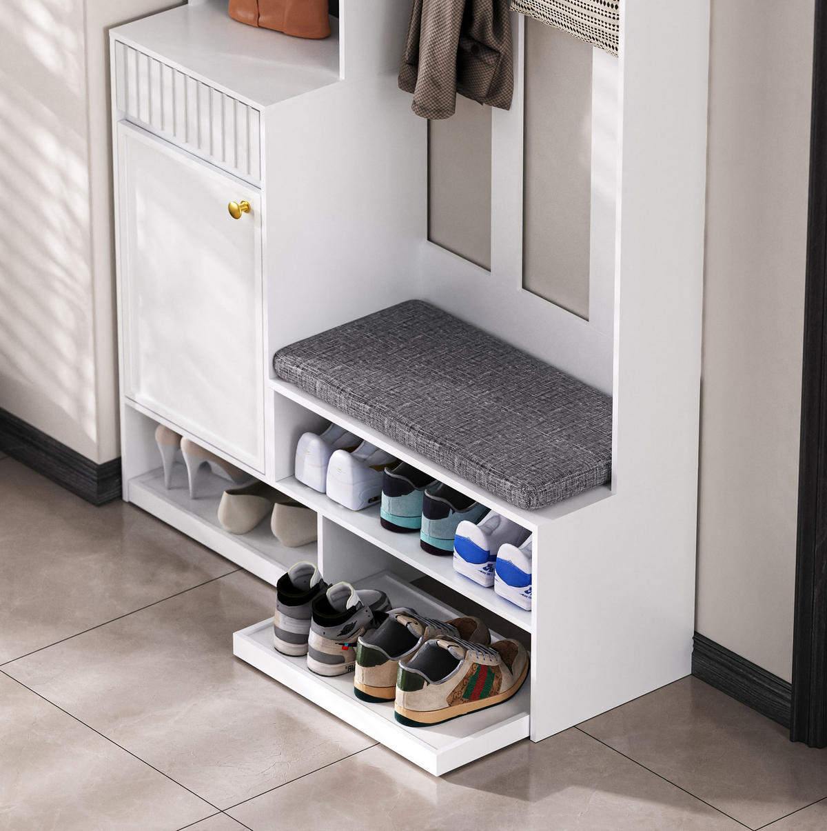 GARDEROBENSET mit Sitzbank 100 x 35 x 180 cm MDF Weiß - Weiß, Holzwerkstoff (35/180/100cm) - Beauniv
