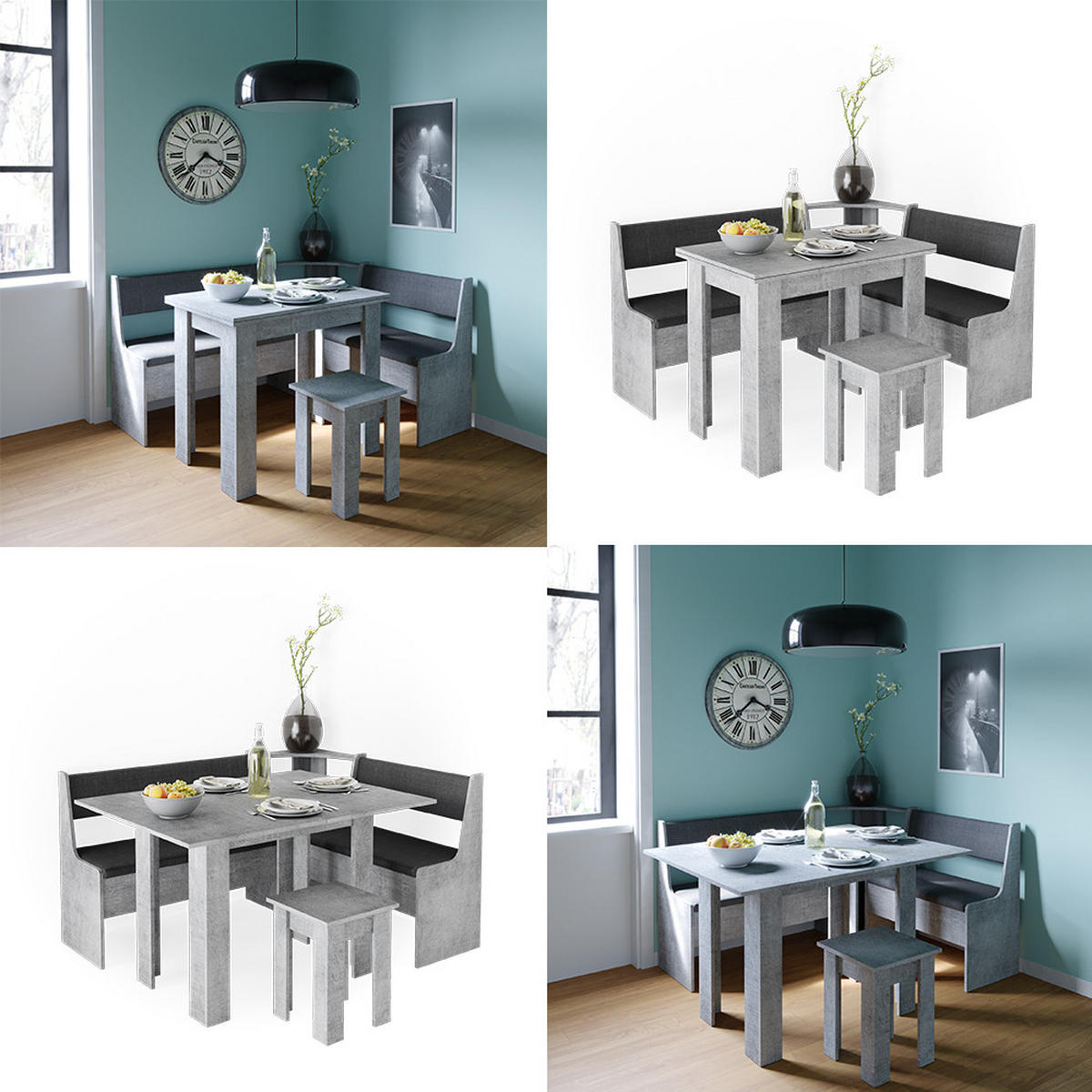 ECKBANKGRUPPE Roman Beton 150 x 41.5 cm mit Tisch - Schieferfarben, Holzwerkstoff (150/80/120cm) - Vicco