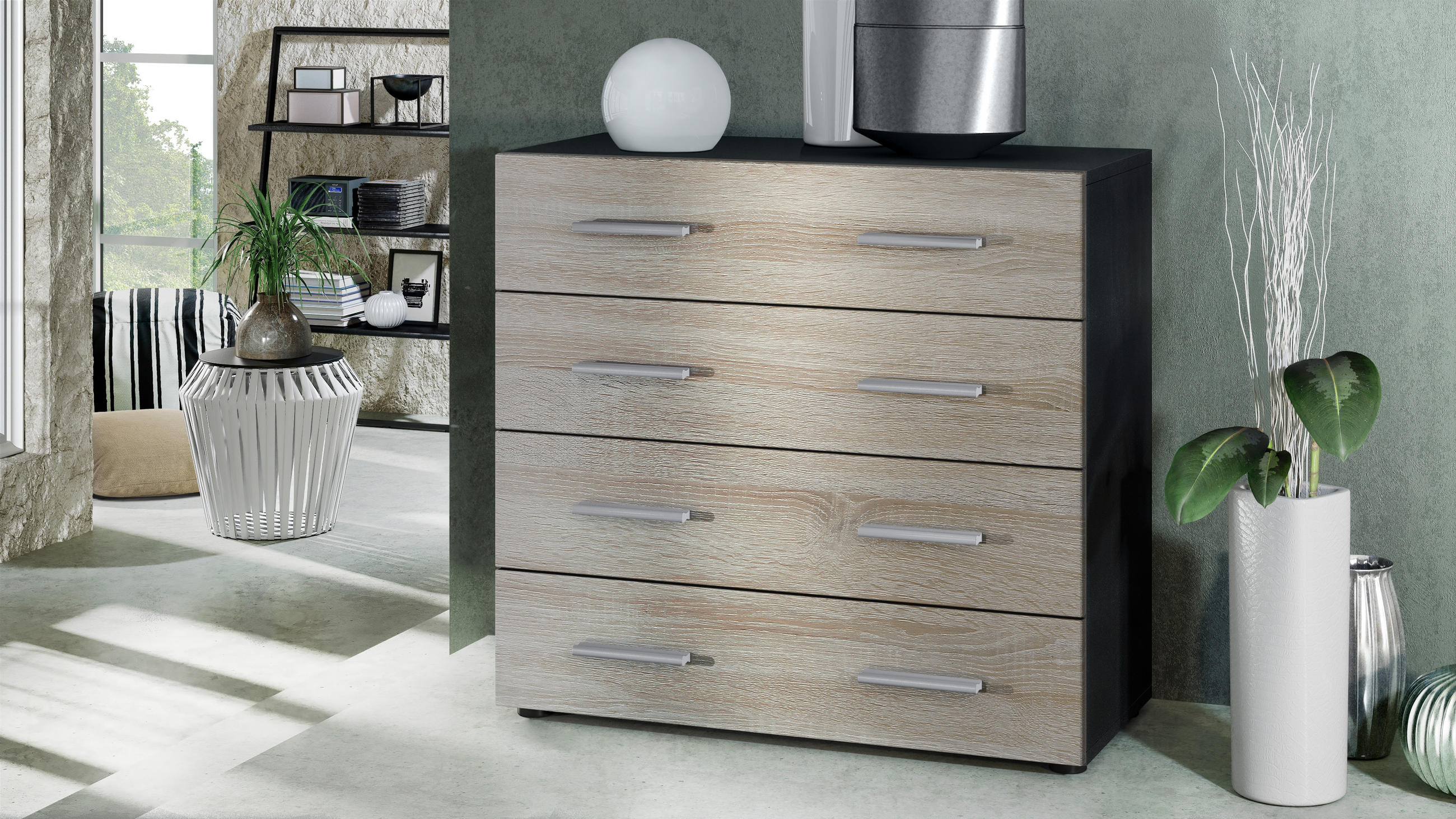 KOMMODE Pavos Eiche sägerau - Eiche San Remo, Holzwerkstoff (76/72/35cm) - Vladon