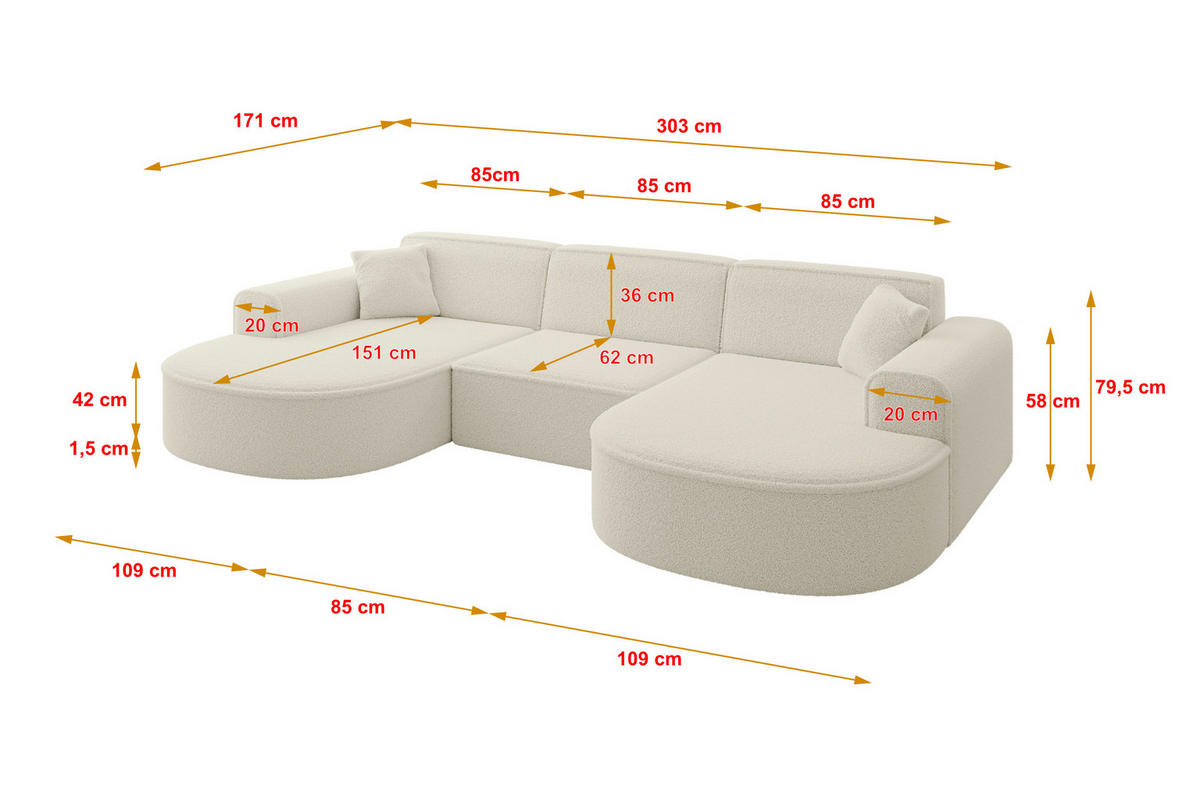 WOHNLANDSCHAFT MARI-U1 - 303x171x79 cm Beige Bouclé - Beige/Schwarz, Holzwerkstoff/Kunststoff (303/79/171cm) - ALTDECOR