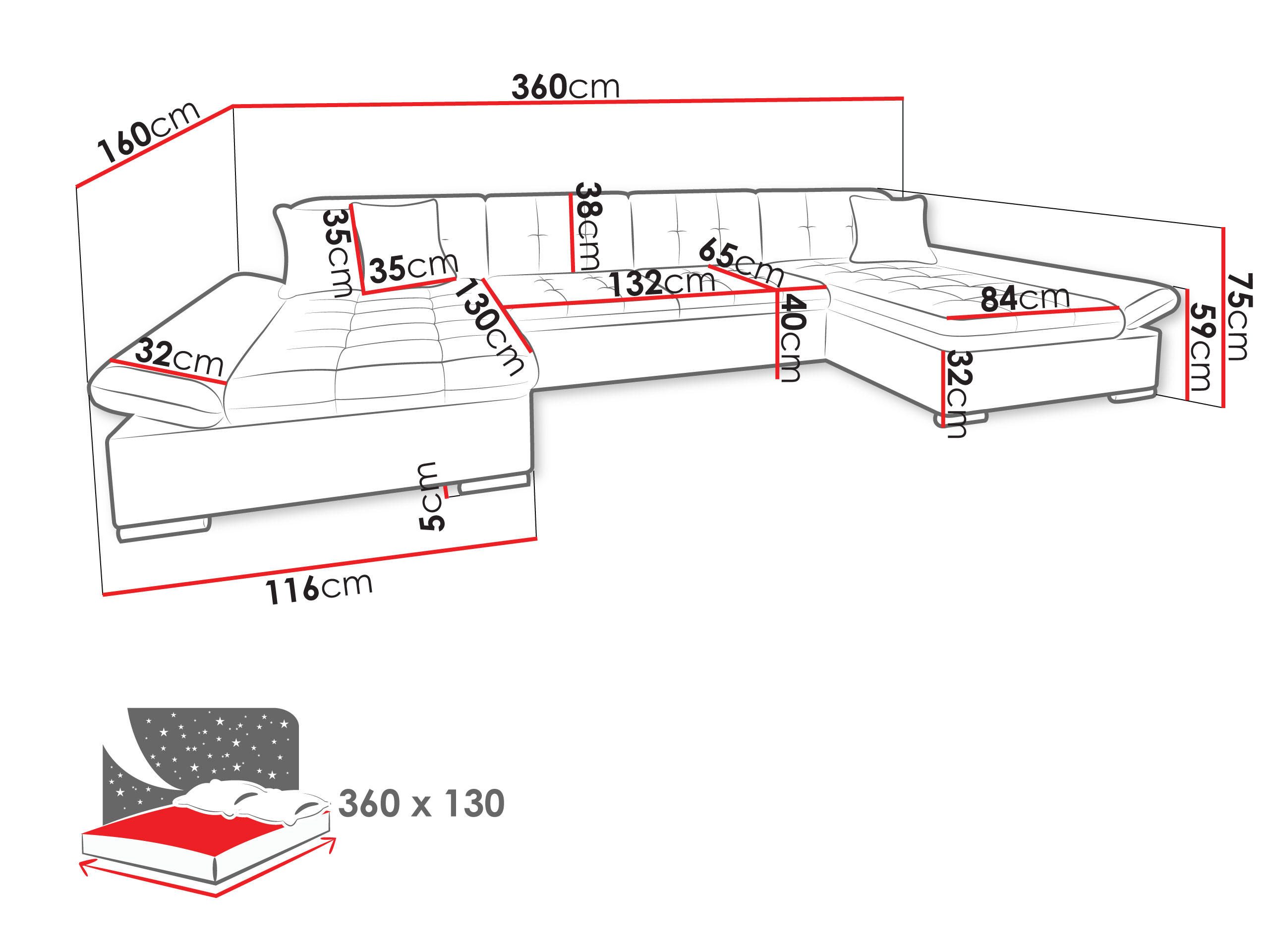 Thumbnail - Mirjan24 Wohnlandschaften, Graphit, Textil, 7-Sitzer, U-Form,Rechteckig, 360x75x160 cm, Wohnzimmer, Sofas & Couches, Woh...