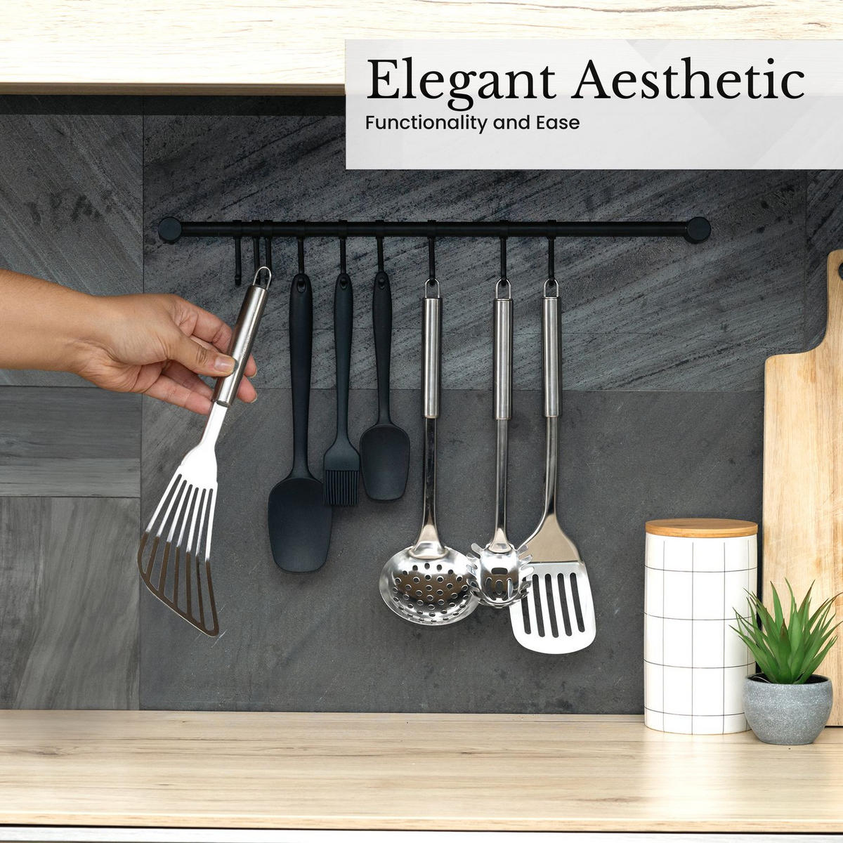KÜCHEN HAKENLEISTE mit 7 Haken - Schwarz, Metall (3.4/2.2/35.8cm) - Intirilife