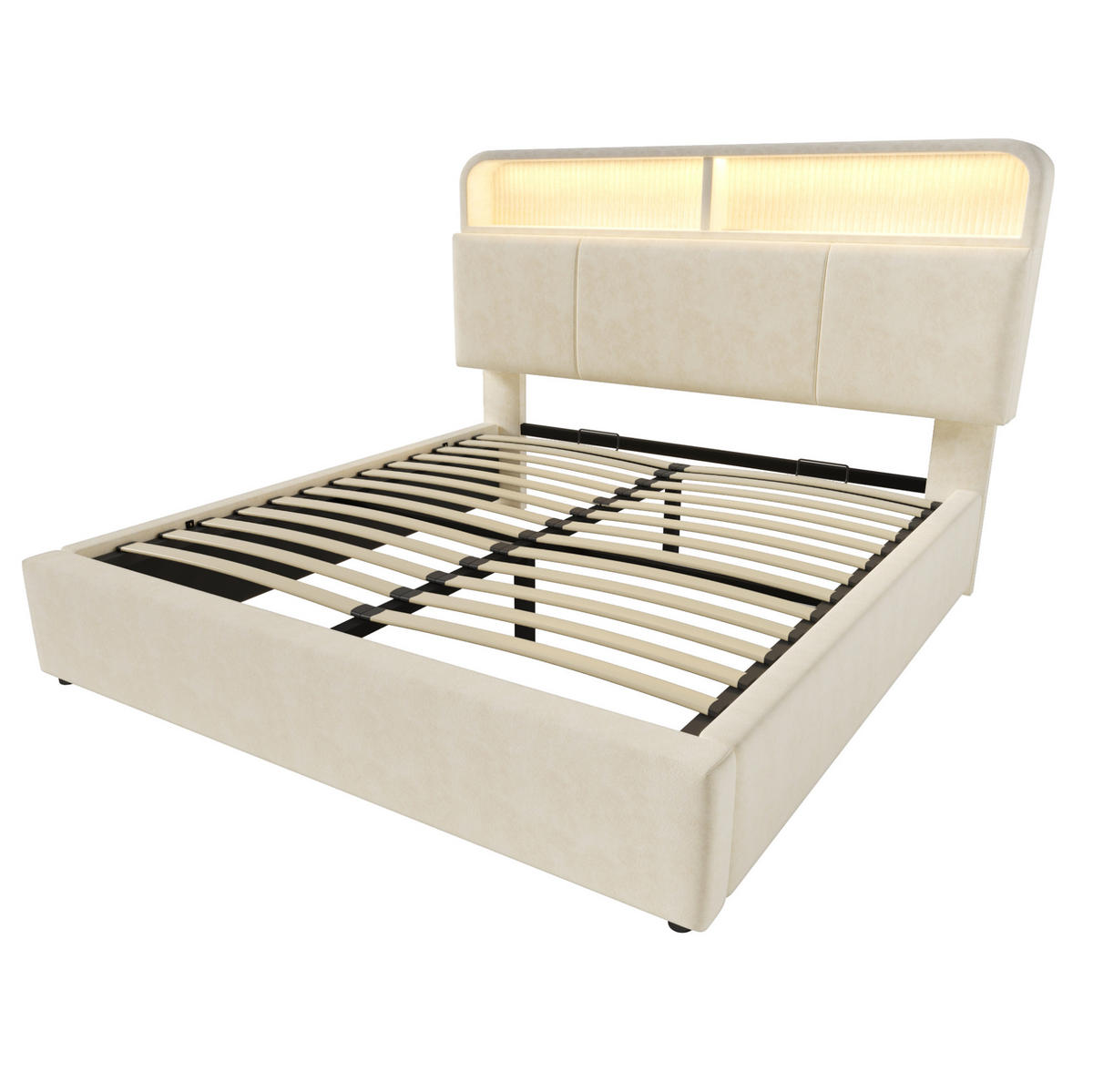 POLSTERBETT 180/200 cm Beige aus Samt mit LED und Stauraum-Kopfteil - Beige, Textil (180/200cm) - OKMYHOME