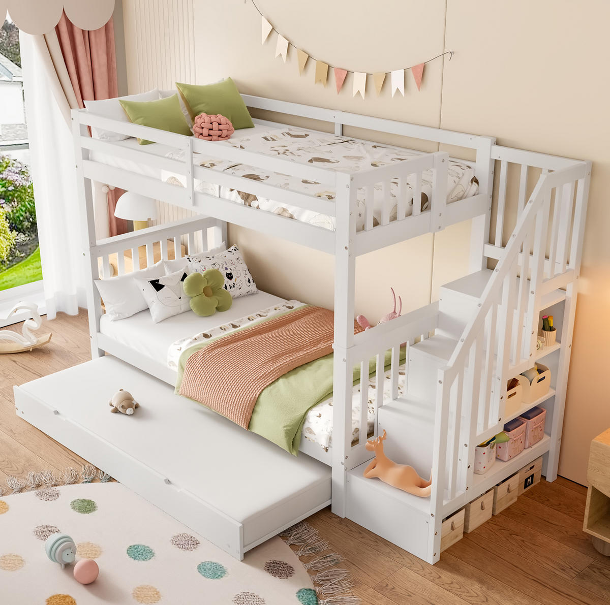 ETAGENBETT 90/200 cm in Weiß mit Rollbett, Treppenregal und hoher Absturzsicherung - Weiß, Holzwerkstoff (90/200cm) - Flora Grace