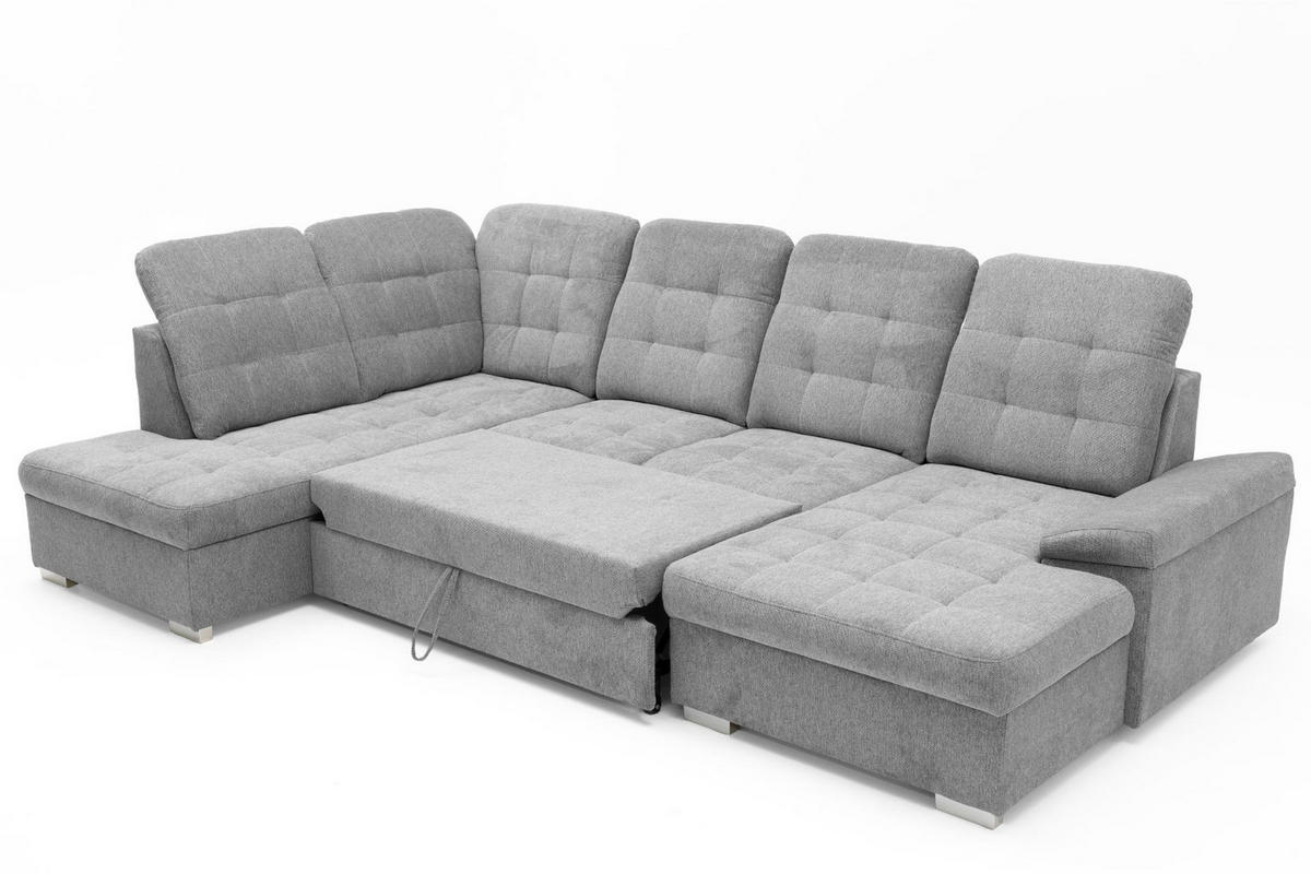 ECKSOFA U-Form OLIVIA U Links mit Schlaffunktion 124x257 Velours Hellgrau - Silberfarben/Hellgrau, Holz/Kunststoff (320/103/202cm) - Muffo