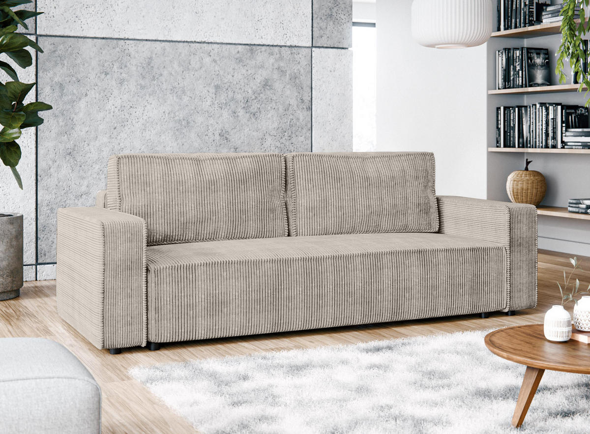 BIGSOFA Aydin Sofa Beige 238/94/85 cm Cord mit Schlaffunktion Bettkasten - Beige/Schwarz, Kunststoff/Textil (238/85/94cm) - AX Living