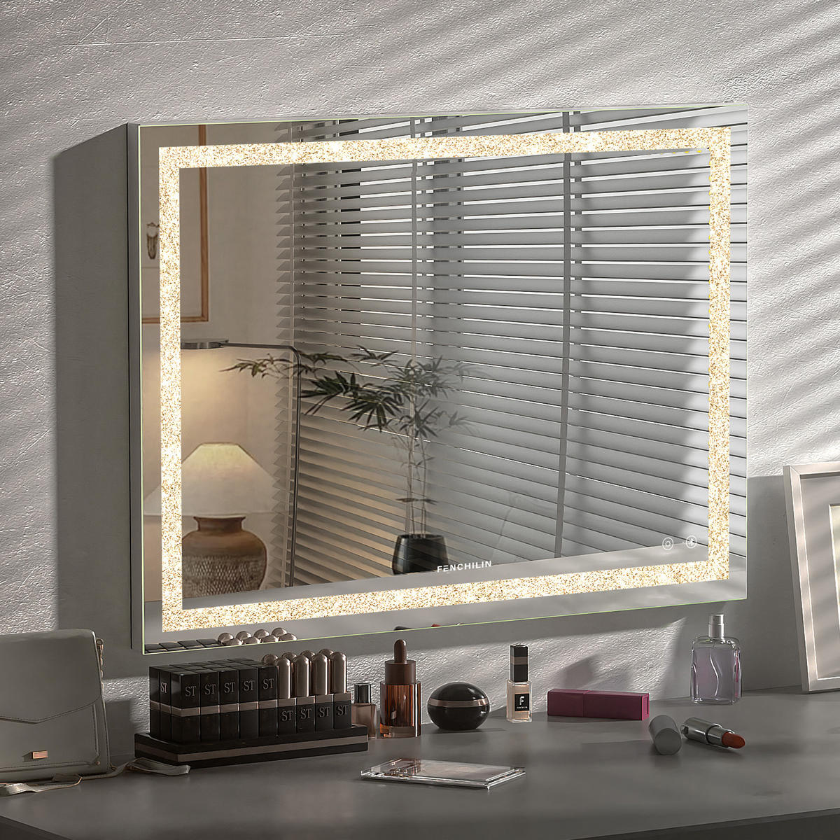STOLNO ogledalo za šminkanje raspršenim dijamantima i Bluetoothom, bijelo, 80/58 cm - bijela, metal (80/58/15cm) - VANITII