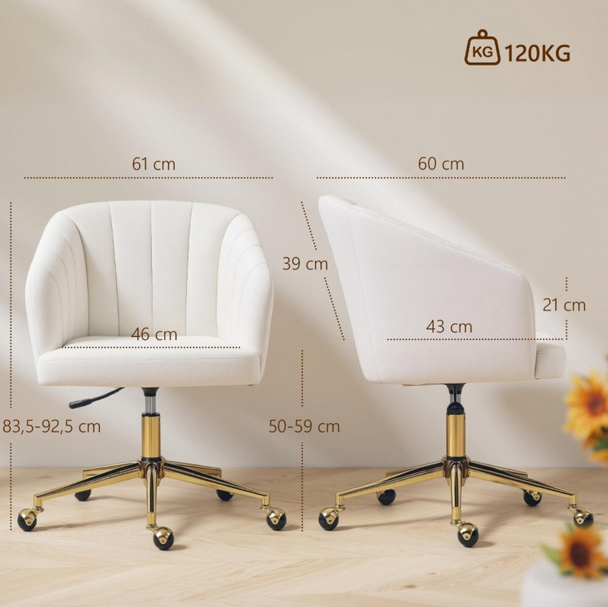 BÜROSTUHL in Cremeweiß 60x61x92,5 cm, höhenverstellbar und drehbar, mit Rollen - Creme, Textil (61/92.5/60cm) - IVMEU