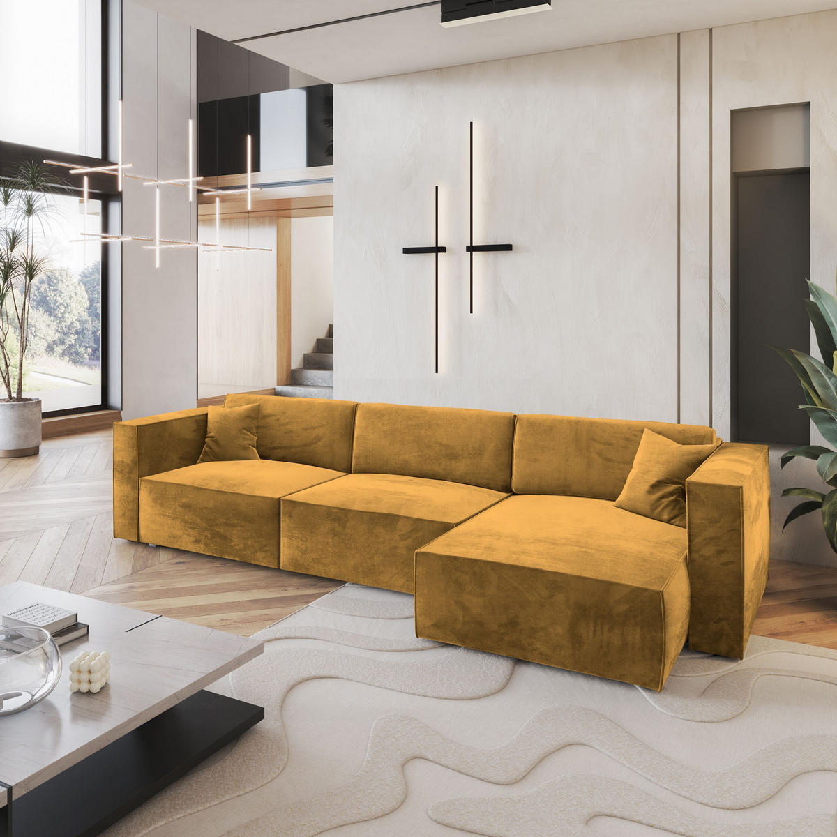 ECKSOFA TOLMO M Gelb Velours-Stoff mit Schlaffunktion - Gelb, Holz (347/148cm) - MASSENO