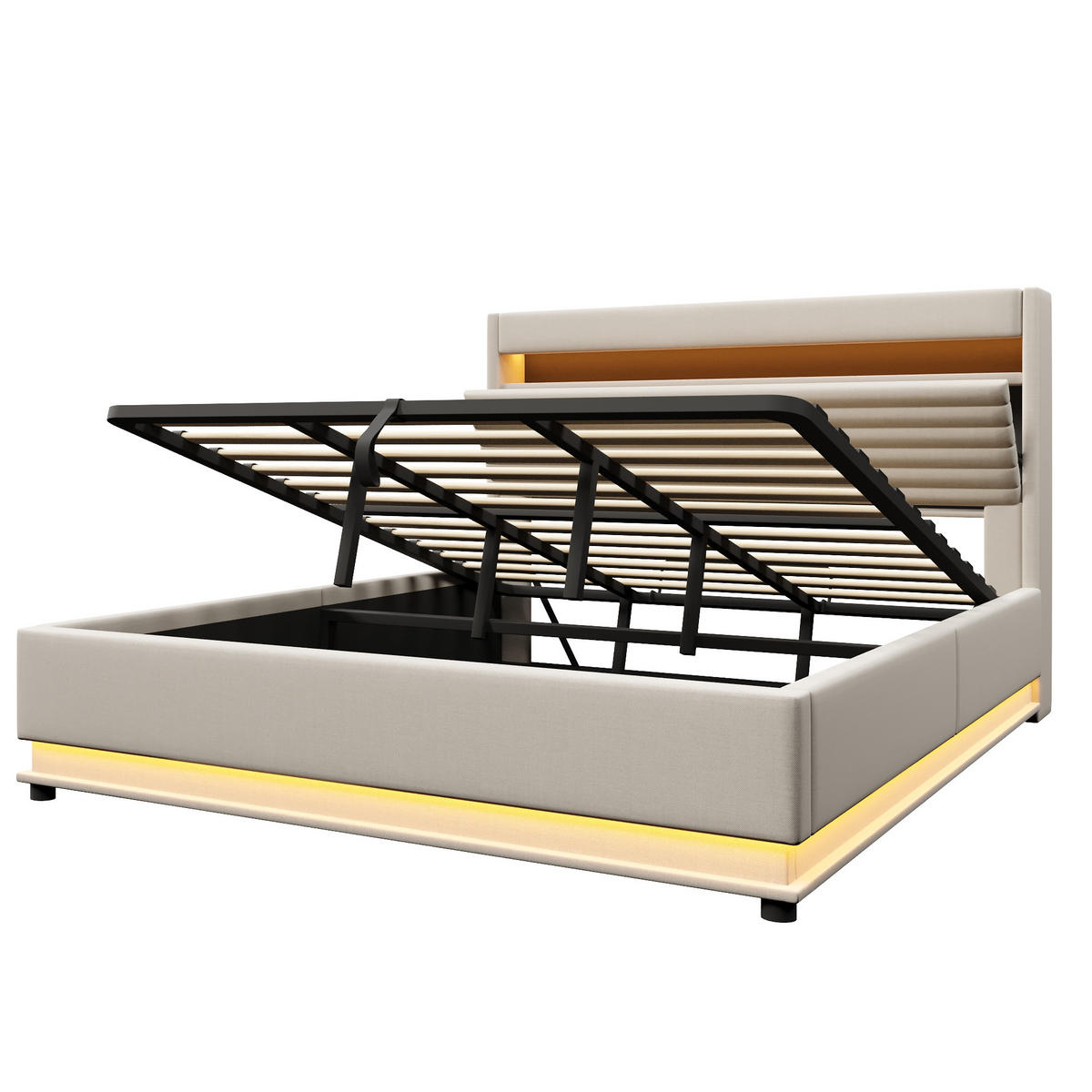 POLSTERBETT 180/200 cm Beige mit USB-Typ-C-Anschluss, LED-Beleuchtung und Ablagefach - Beige, Textil (180/200cm) - Oxeza
