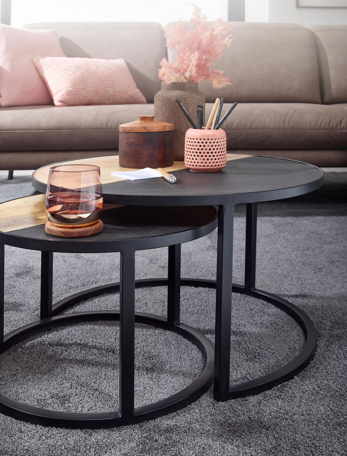 COUCHTISCH Set – Rund Mango Massivholz Steinoptik 2-teilig modern - Schwarz, Holz/Metall (60/60/36cm) - KADIMA DESIGN