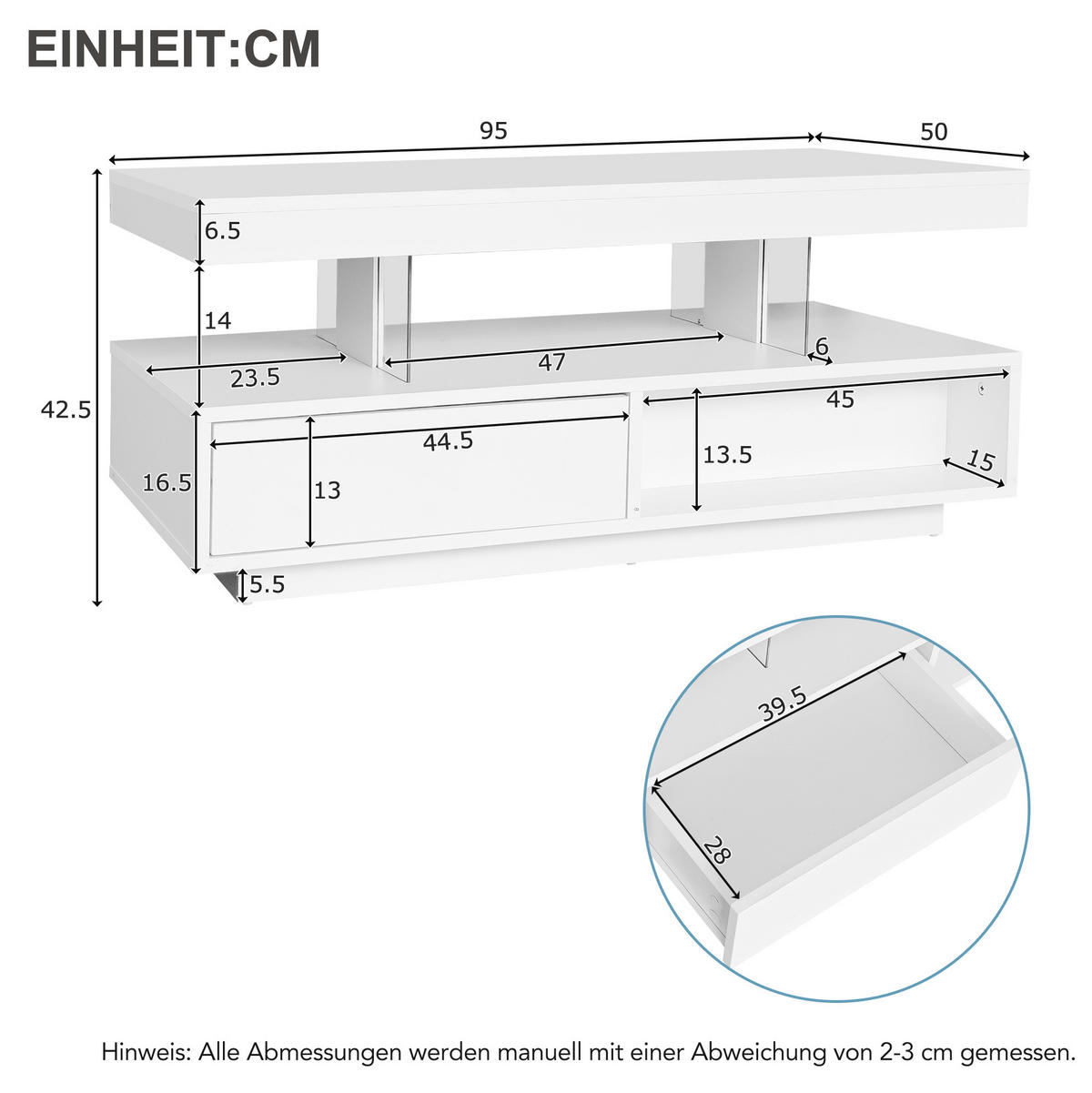 COUCHTISCH aus Spanplatte 95x50x42,5 cm Weiß mit LED-Beleuchtung, 2 Schubladen, 2 offenen Fächern und Glaseinsätzen - Weiß, Holzwerkstoff (90/50/42.5cm) - Modfu