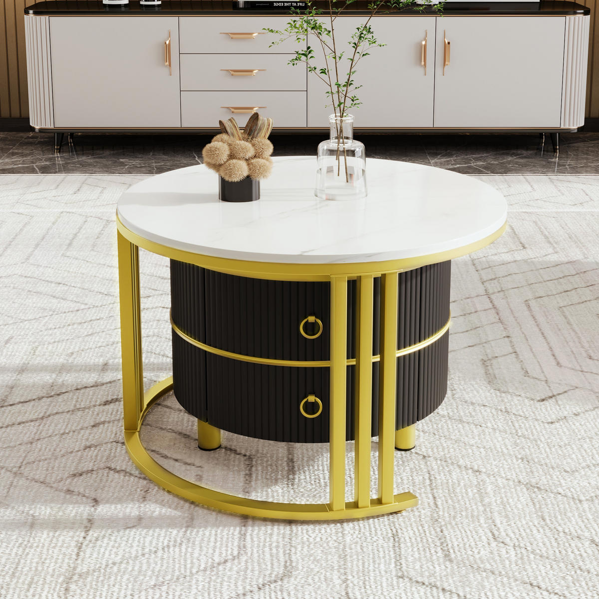 KOMMODE, 2‑teiliger runder Couchtisch aus MDF mit Marmormuster und Hochglanz, 70/70/46 + 50/50/40 cm, Gold und Schwarz - Schwarz, Holzwerkstoff (70/70/46cm) - Redom