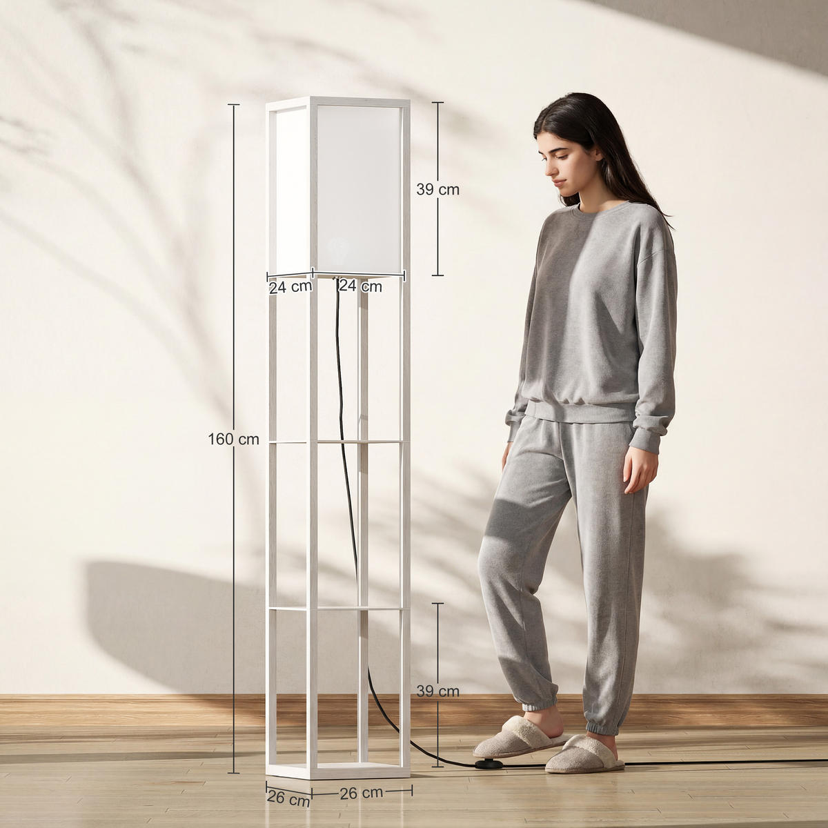 STEHLEUCHTE Beleuchtung mit 3 Regalen E27 bis 40W E1-MDF Weiß - Weiß, Textil (26/26/160cm) - HOMCOM