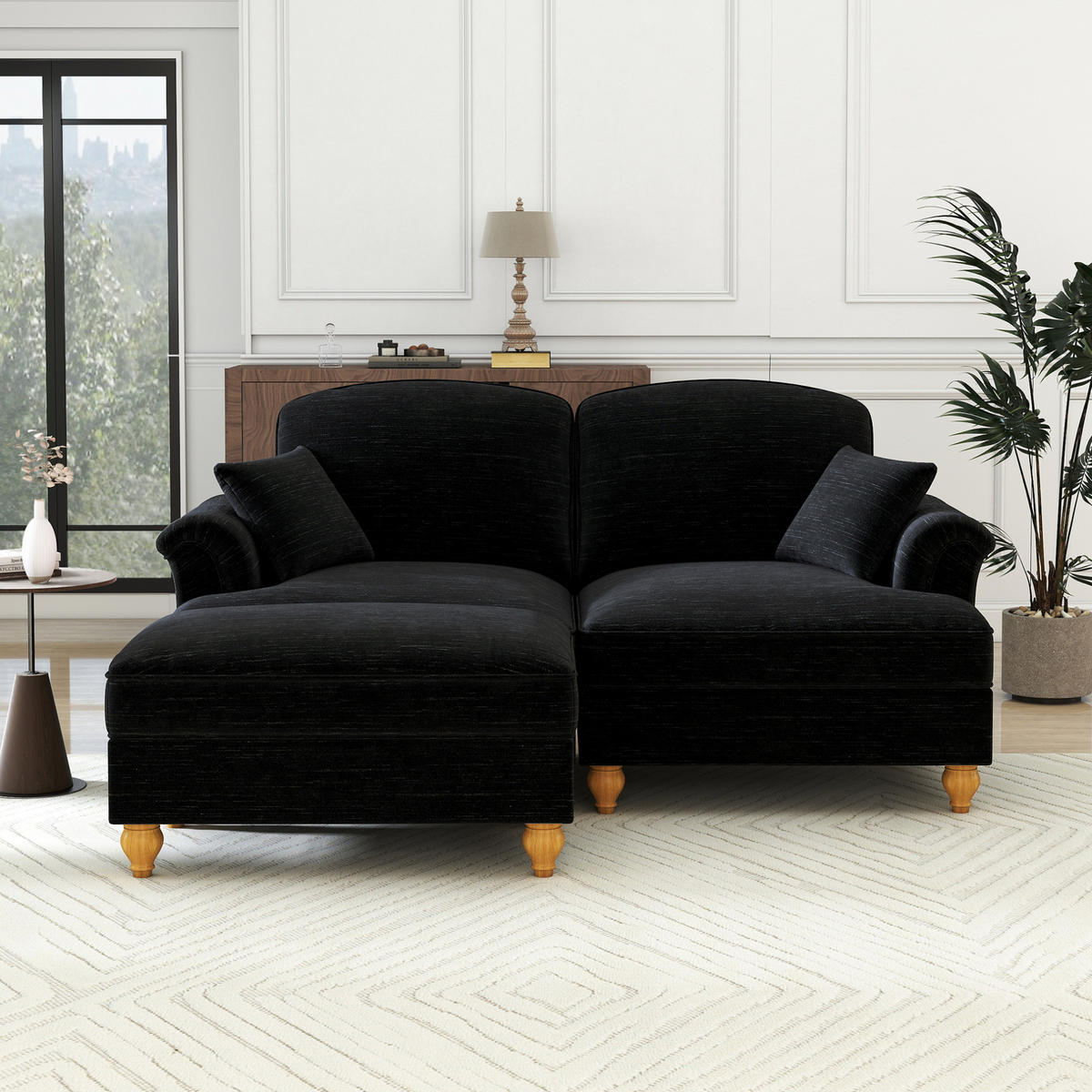 MODULARES Ecksofa Chenille mit Hocker L-Form 194/140/93 cm Schwarz - Schwarz, Textil (140/194cm) - Redom