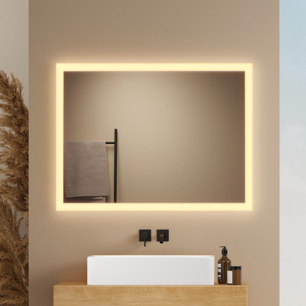 BADSPIEGEL mit Explosionsgeschützte Folie Beleuchtung 80/60/3,5 cm - Weiß, Glas (60/3.5/80cm) - EMKE