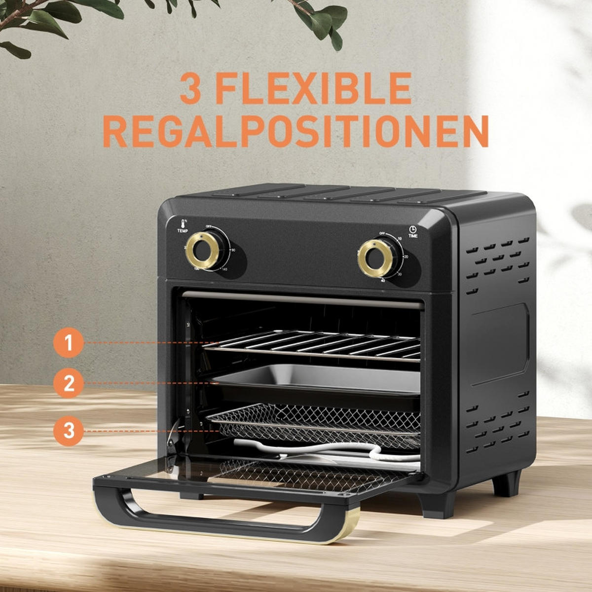 MINIBACKOFEN 10L mit Umluft & Heißluftfritteuse, Mini Ofen mit Timer, Innenbeleuchtung und mehreren Funktionen, Schwarz - Schwarz, Metall (32/29.8/27.2cm) - Beaface