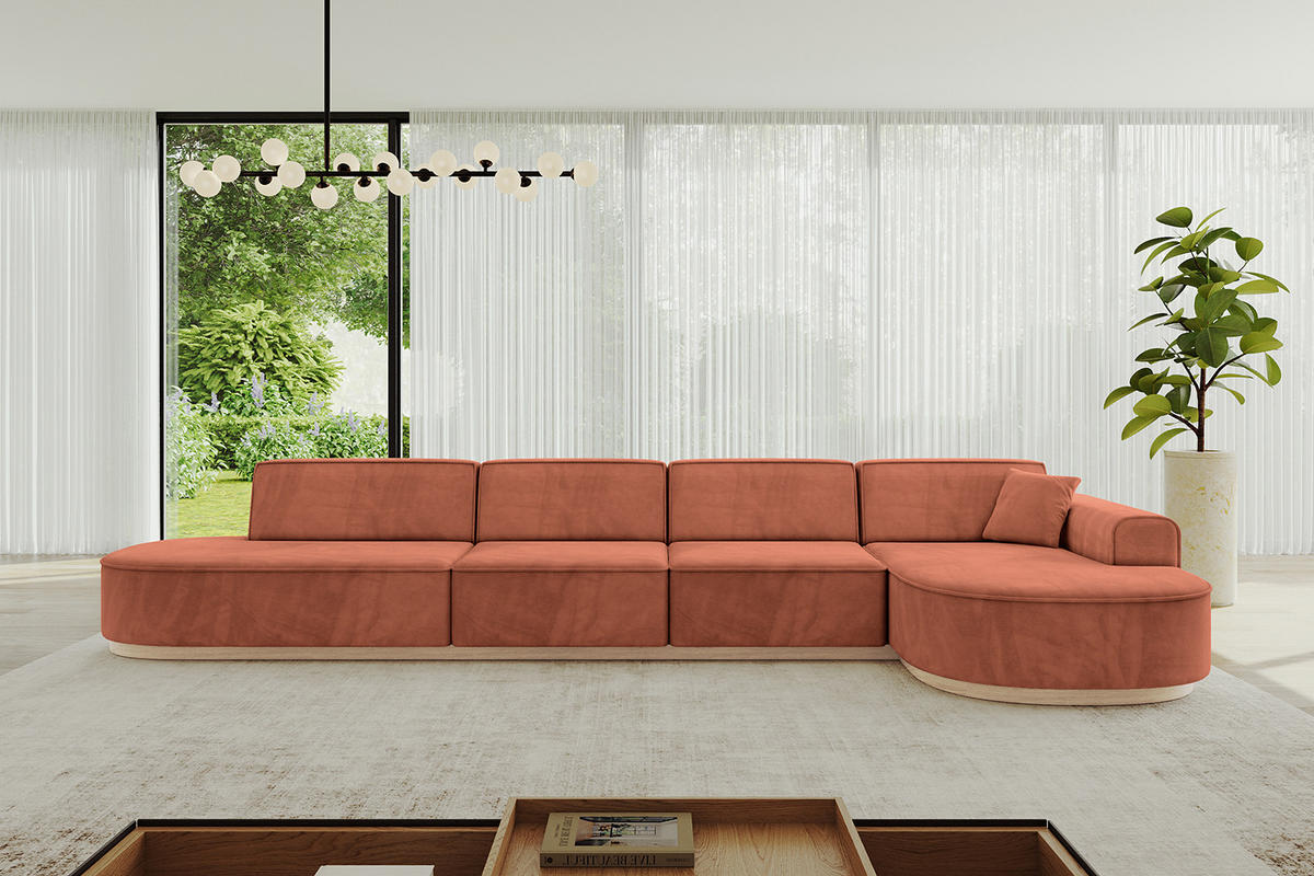 ECKSOFA Ottomane Rechts MARI-L3-v1 - 413x171x83 cm Koralle Velours - Koralle, Holzwerkstoff/Textil (171/413cm) - ALTDECOR