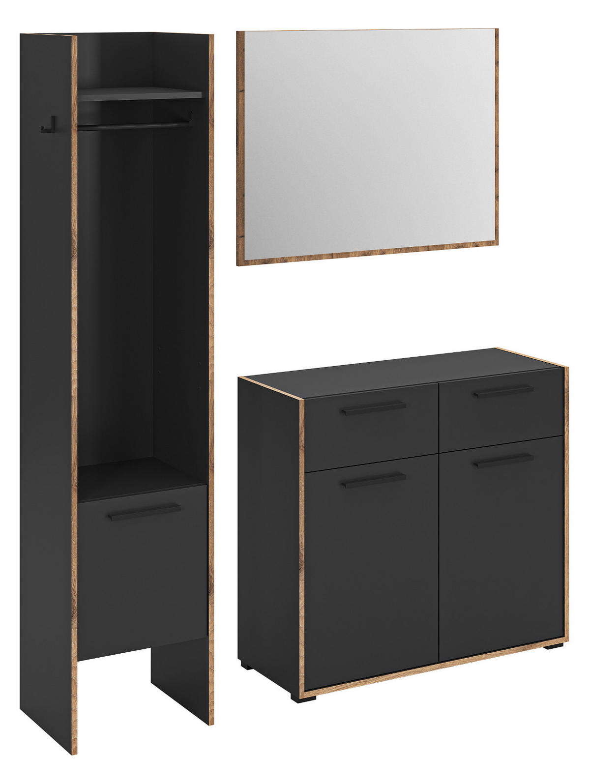 GARDEROBE-SET grau und Nox Eiche, Garderobenkombination 3-teilig, 152 x 189 cm, Salud - Dunkelgrau/Eichefarben, Holzwerkstoff/Kunststoff (152/189/37cm) - Inn.Furn